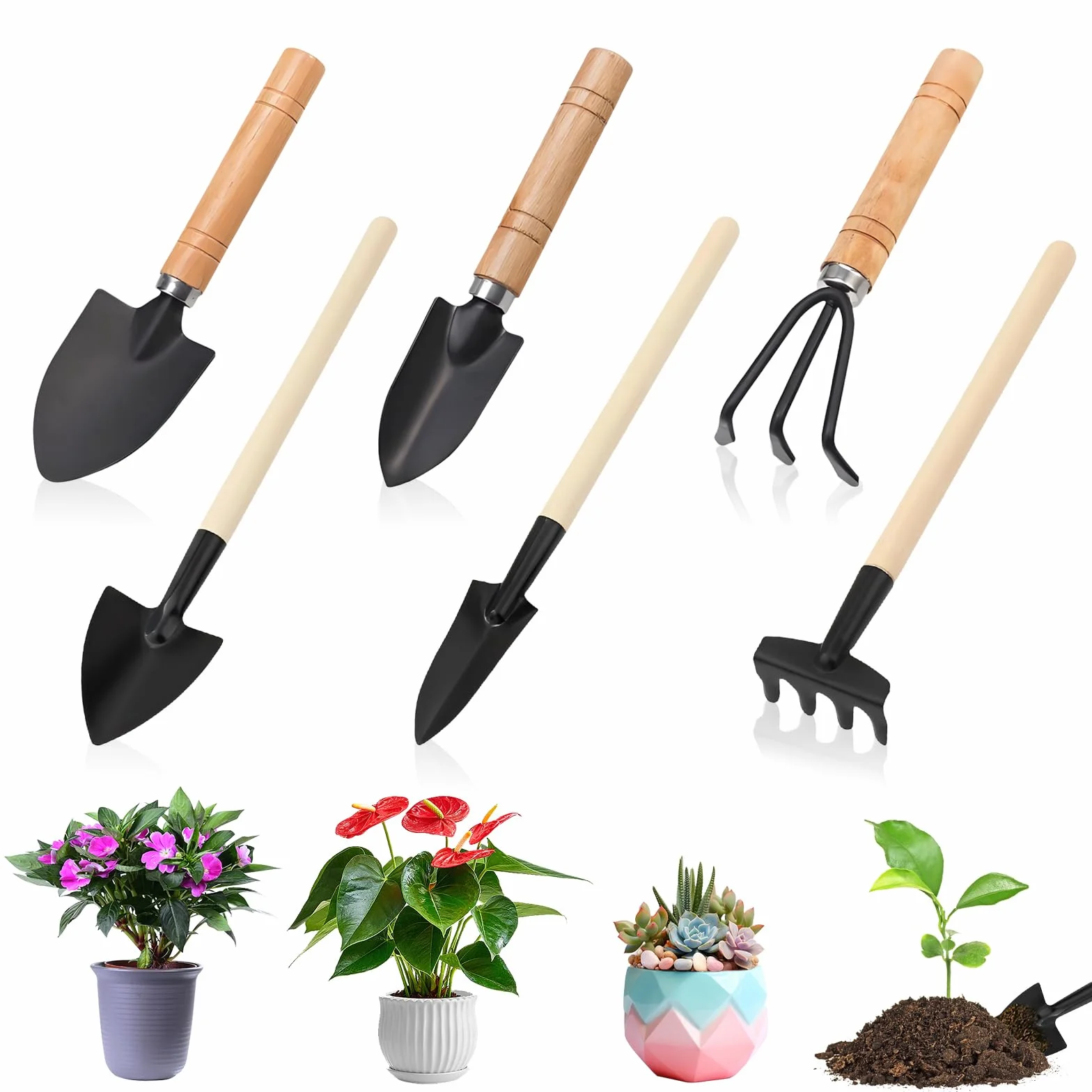 6 PCS Mini Attrezzi Giardinaggio, Set di Attrezzi da Giardinaggio, Attrezzis Giardinaggios Piccoli, Kit Attrezzis Giardinaggios Manico in Legno, Pala, Vanga, Rastrello per Piante Grasse Piante in Vaso