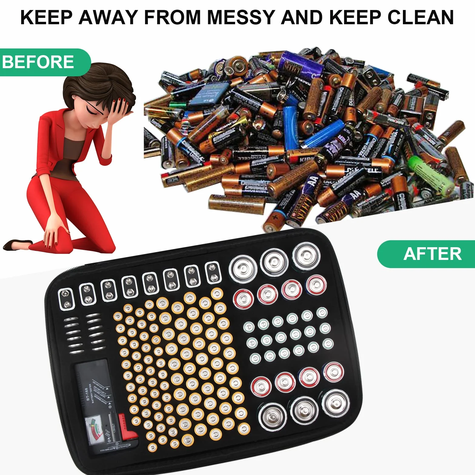 ENSOBO Custodia per Organizer Batterie 148 Pezzi AA AAA C D 9V con Tester Rimovibile Nero