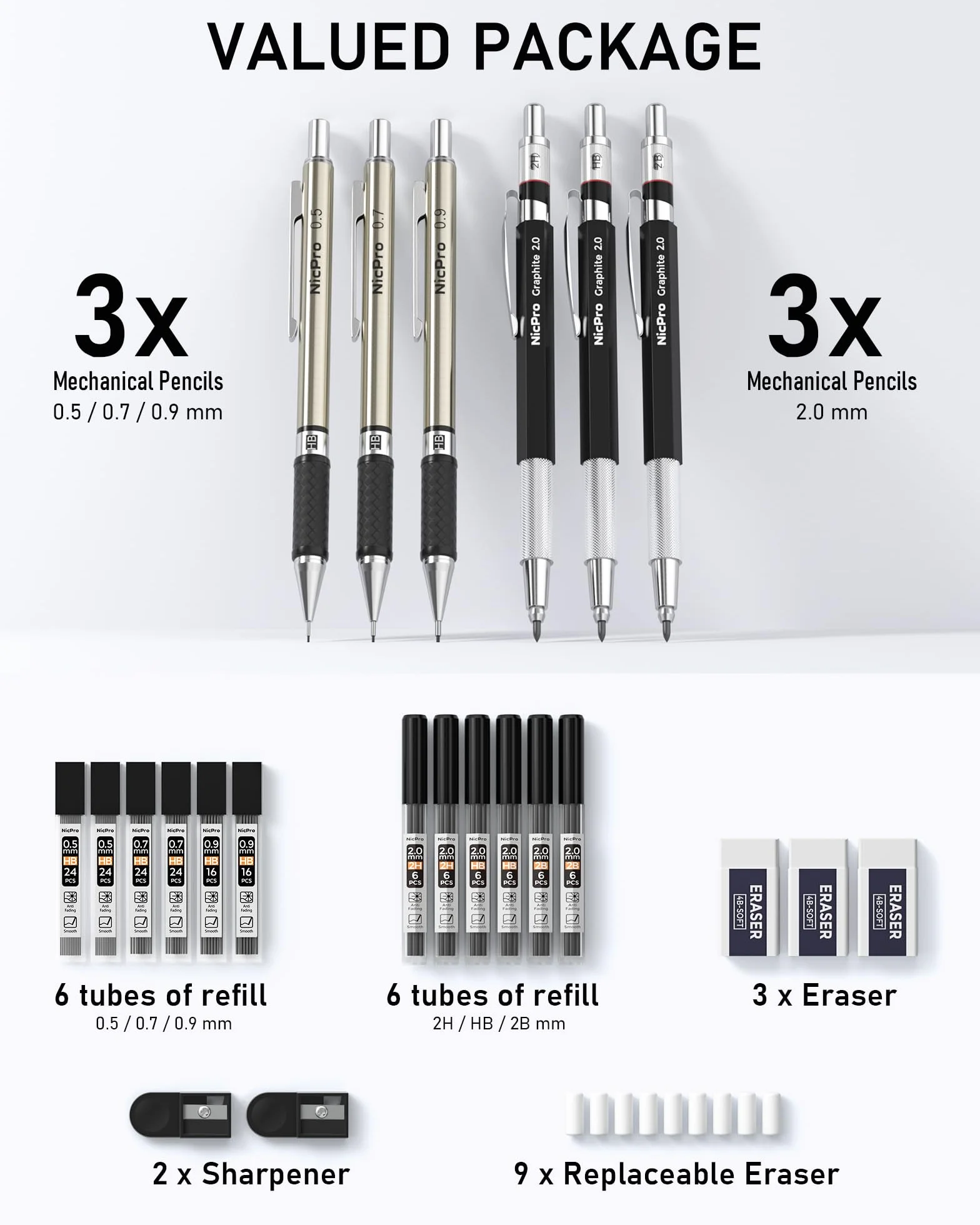 Nicpro 6 Pezzi Metallo Matite Meccaniche Set, 0,5 mm 0,7 mm 0,9 mm 2mm, Portamine con 12 Tubo Mine, Gomma, Temperamatite, Astuccio per Artista