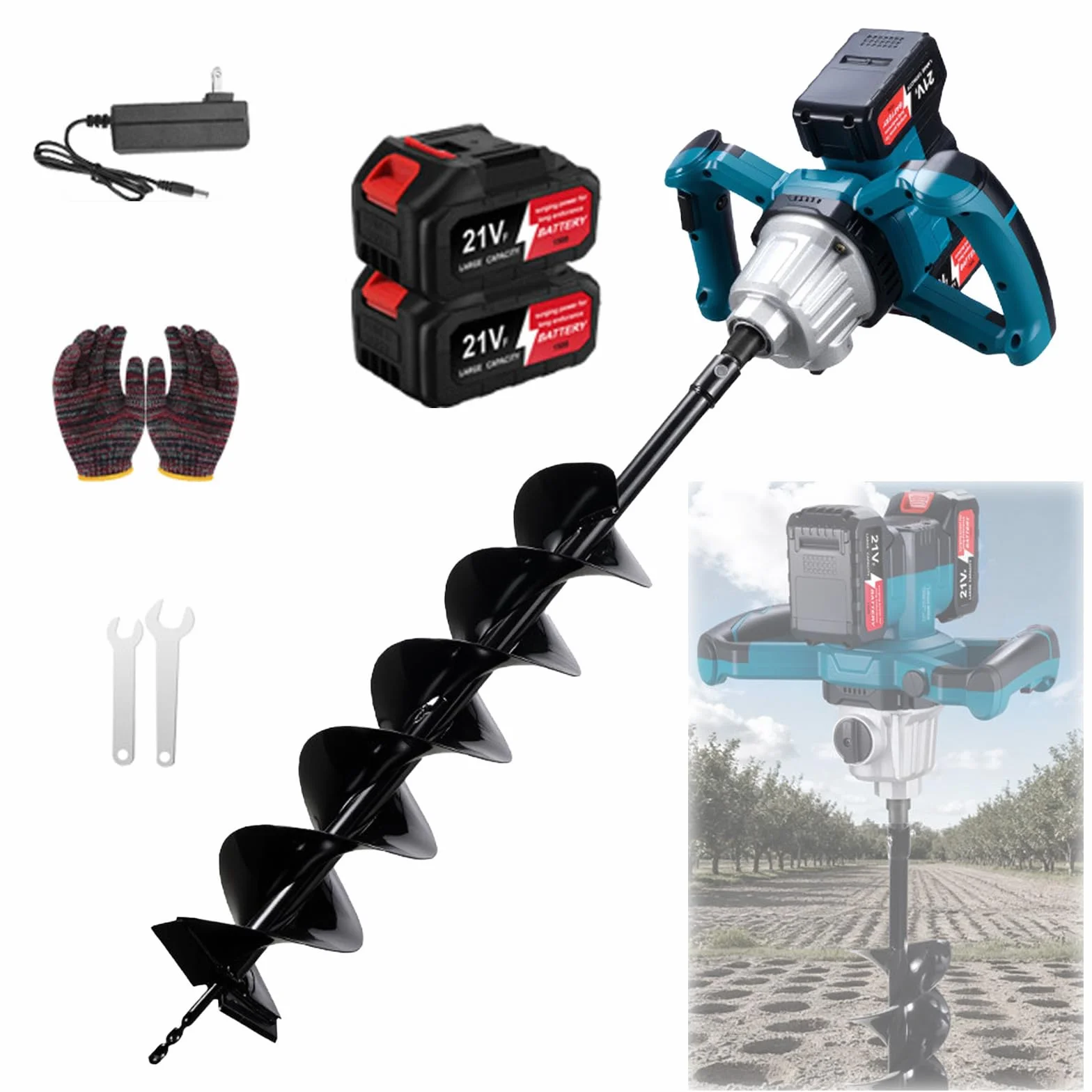 Punta da terra a batteria professionale, 1200 W, senza spazzole con 2 batterie da 4000 mAh, punta da 14 x 80 cm, trapano elettrico senza spazzole, adatta per trapano da terra con diametro da