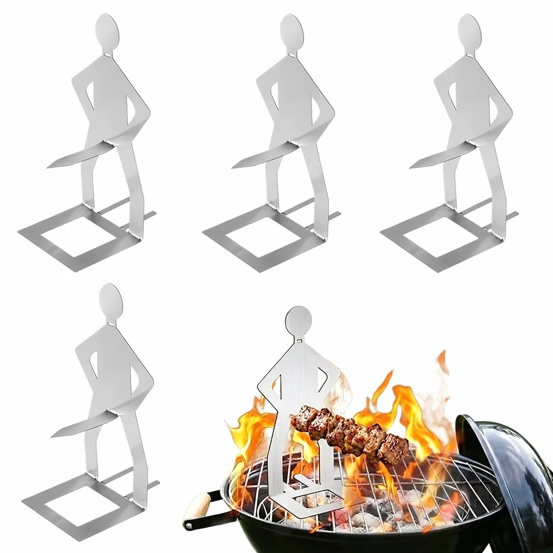 4 Pezzi Supporto per salsicce da barbecue in acciaio inox, design divertente a forma di omino, portatile per campeggio e picnic, argento