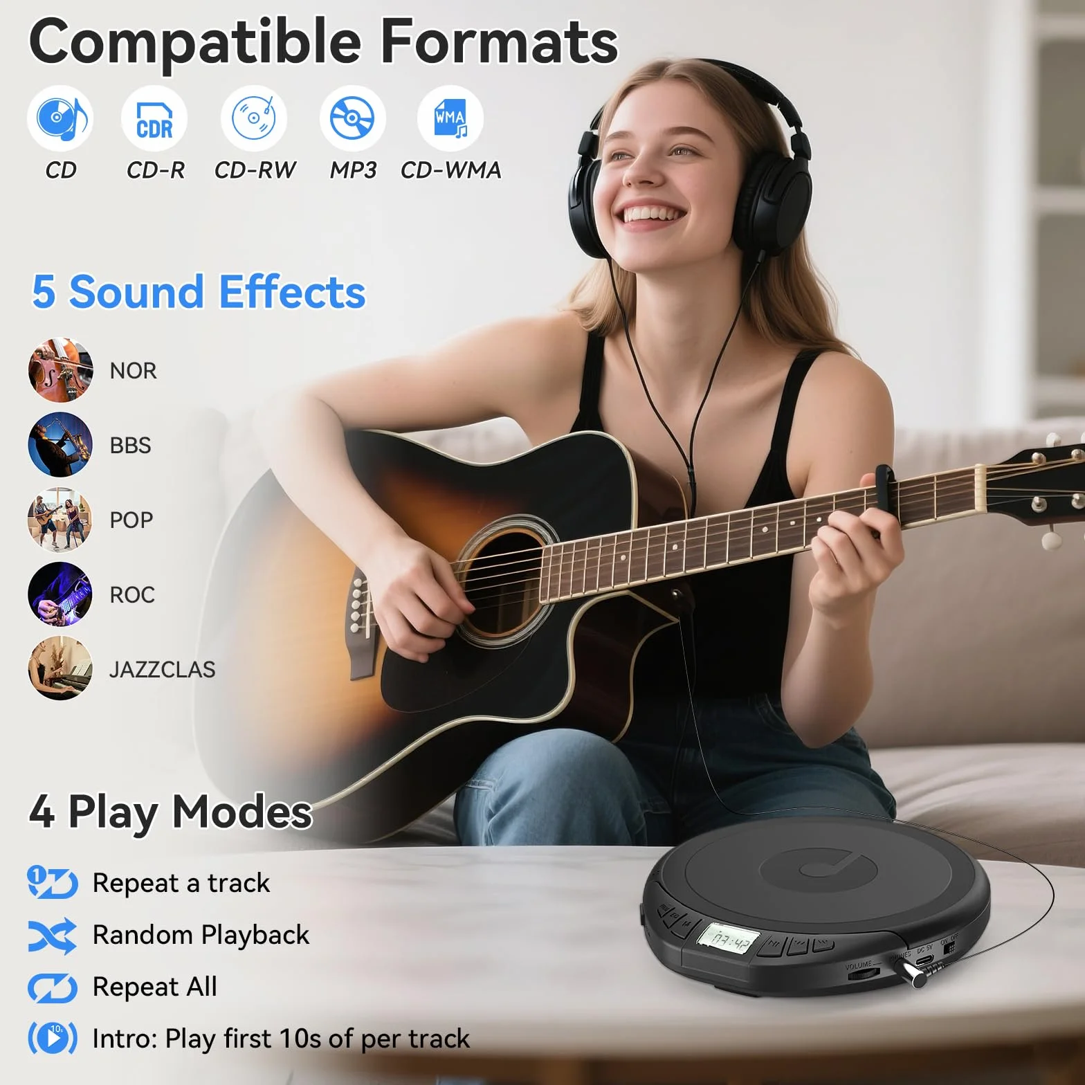 Lettore CD Portatile HiFi con Cuffie Display LCD Anti-Skip