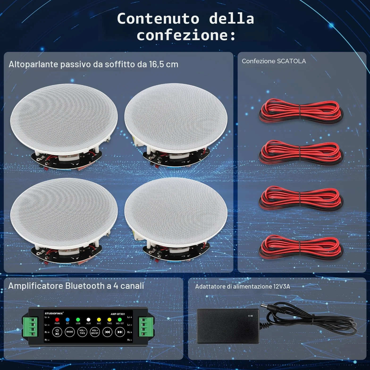 STUDIOFINIX 6,5-calowy głośnik sufitowy Bluetooth 600W - System nagłośnienia wewnętrznego do domu (4 szt.)