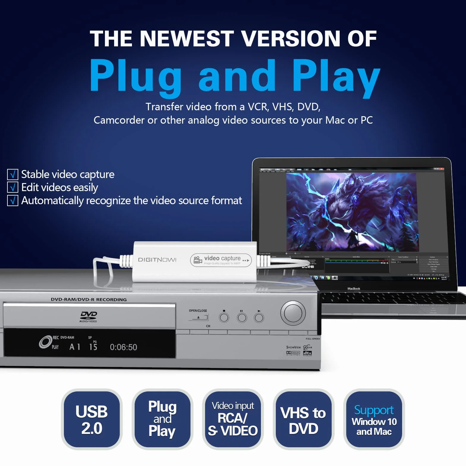 DIGITNOW! USB 2.0 Video Capture Card Pro Version 1080P 30Hz VHS to Digital Converter