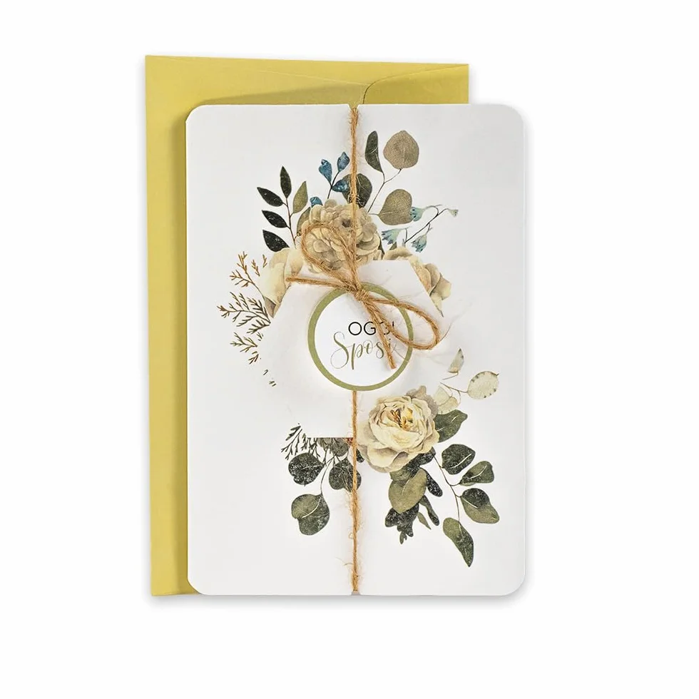 LINA OFFICINE GRAFICHE CREATIVE Biglietto di Auguri per Matrimonio, Stile Elegante, con Applicazione e Cordoncino in Juta, Busta Dorata Inclusa, 11,5 x 16,5 cm