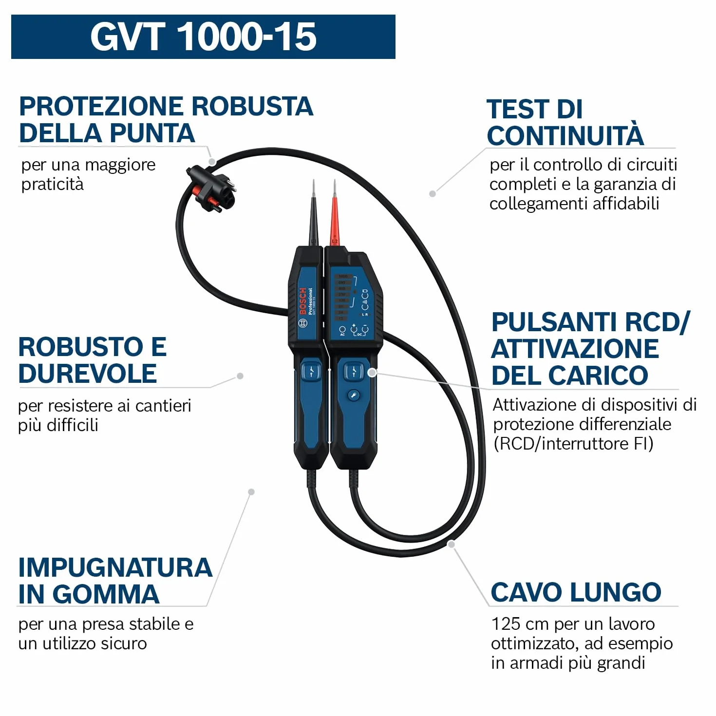 Bosch Professional Tester di tensione GVT 1000-15 1000V AC/DC IP65 con LED e custodia