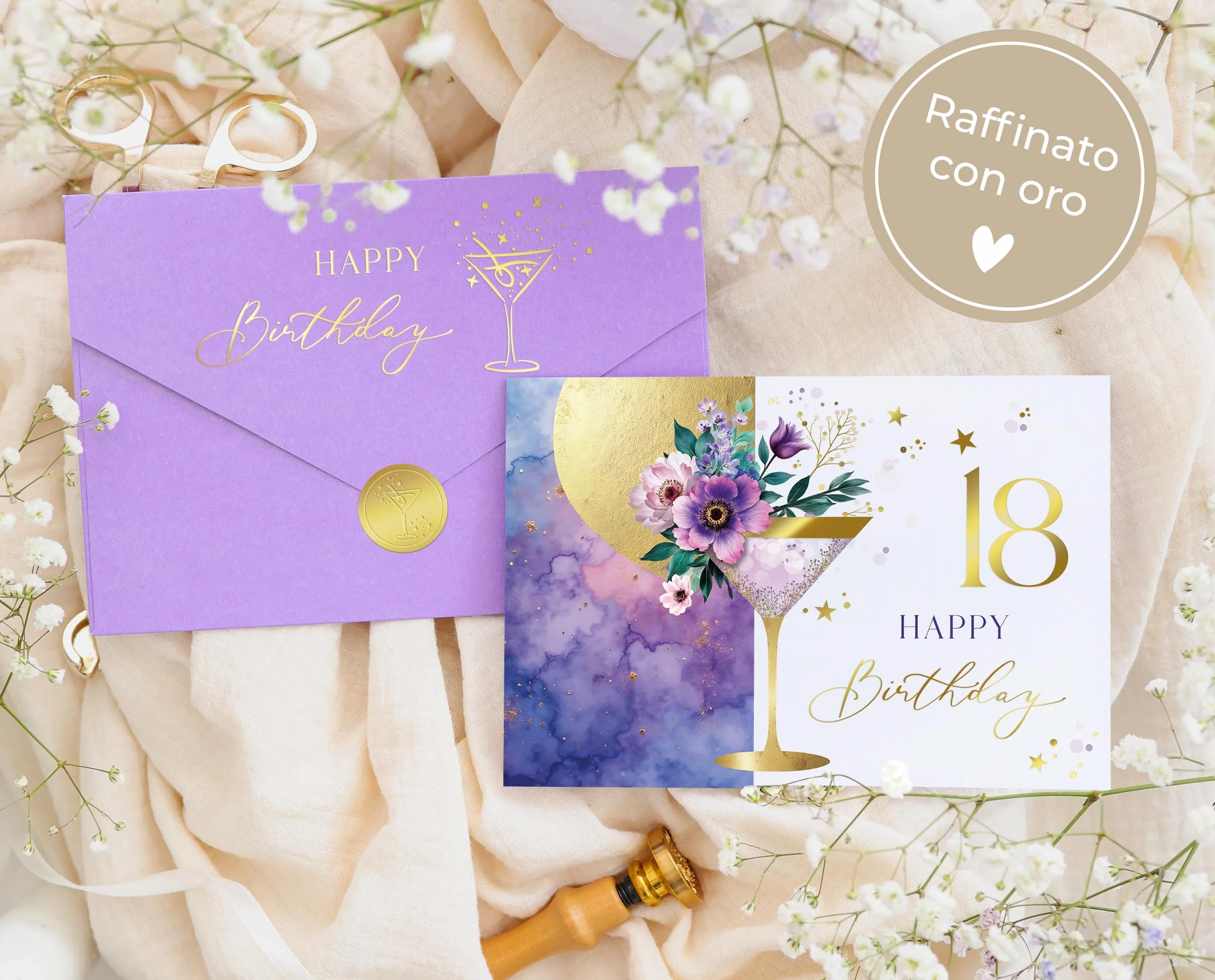 Joli Coon Biglietto auguri compleanno 18 ELEGANT – Biglietto pieghevole con illustrazione floreale di martini e busta pastello – 18 anni ragazza
