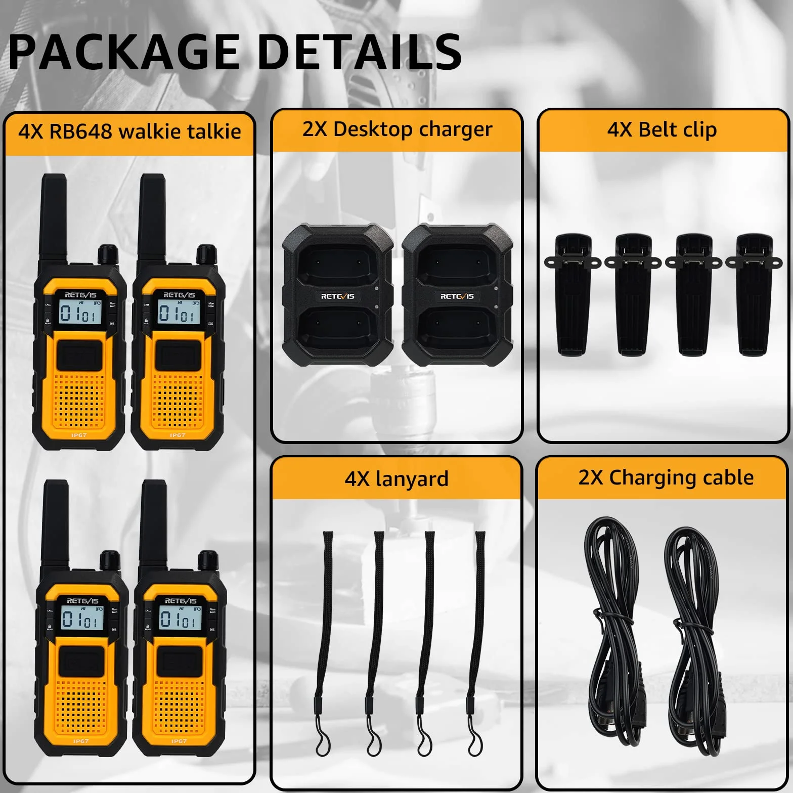 Retevis RB648 Walkie Talkie Robusto, Radio Bidirezionale Impermeabile IP67, 2000mAh Ricaricabile, Doppio PTT, 4 Pezzi Giallo