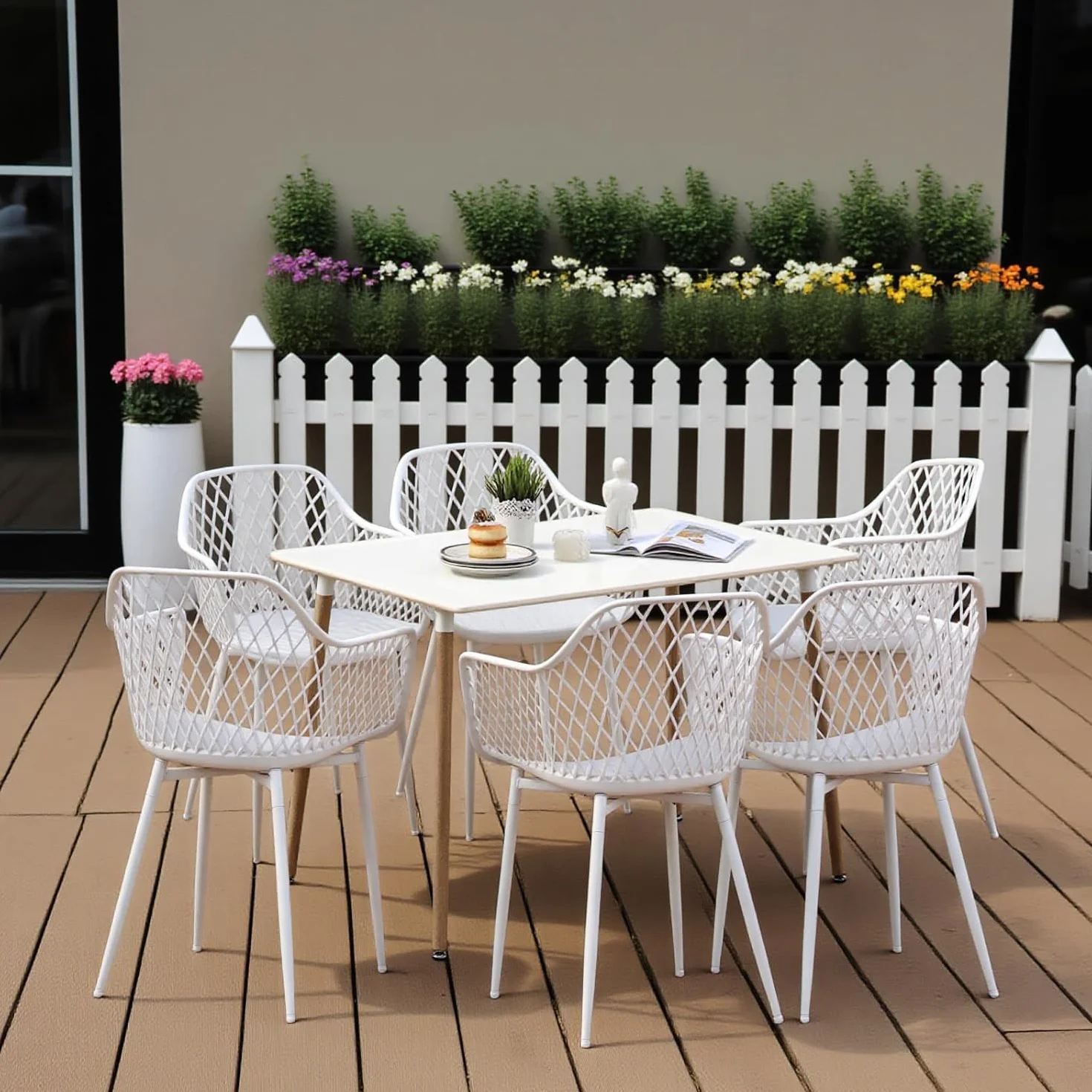 buybyroom Sedie da Giardino, Set di 6 Sedie da Esterno con Braccioli, per Giardino, Soggiorno, Sala da Pranzo, Bianco