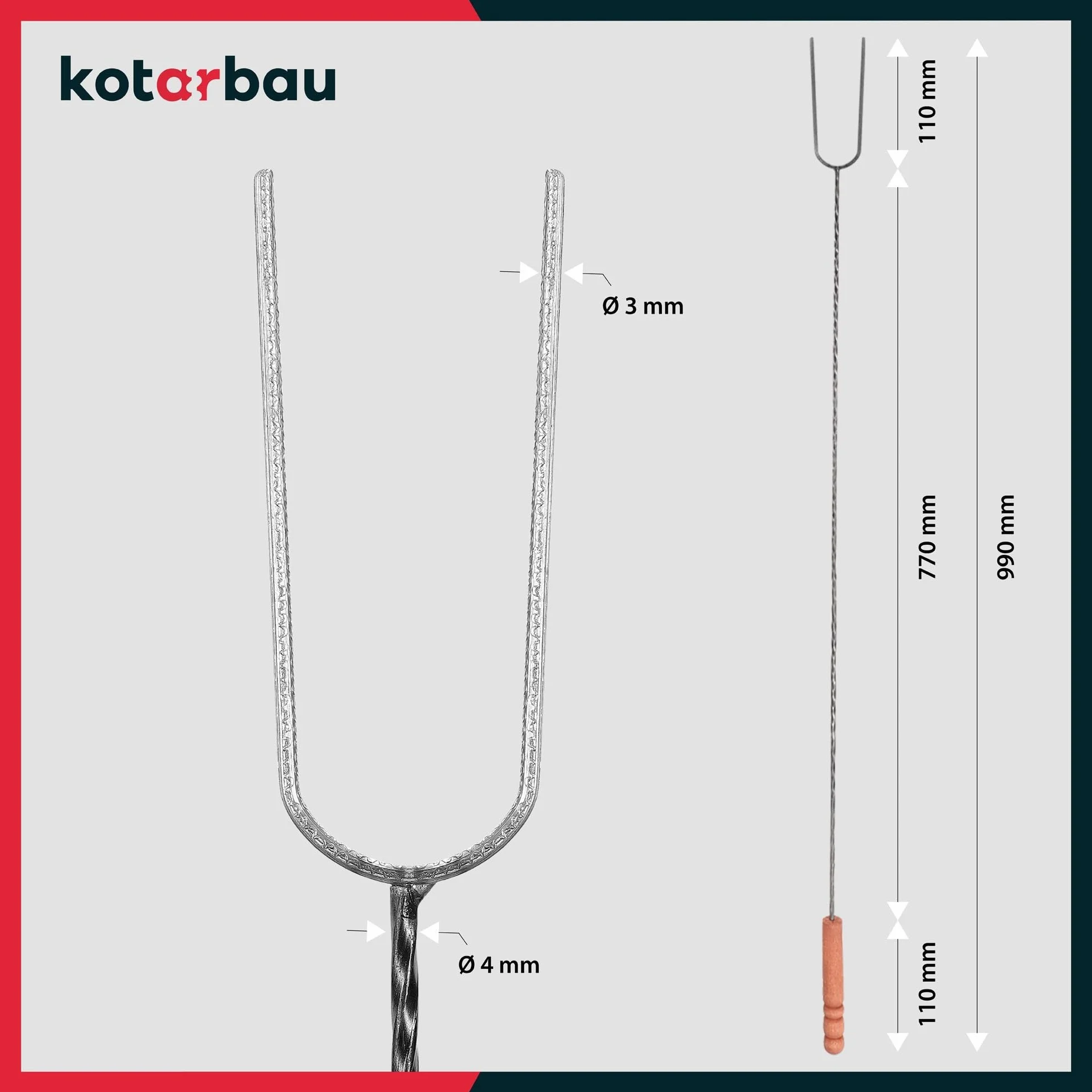 KOTARBAU® Set 10 Pezzi Spiedini Per Barbecue - Acciaio - 100 cm - Forchettone Barbecue - con Manico in Legno - Fuoco - Ergonomico - Resistente