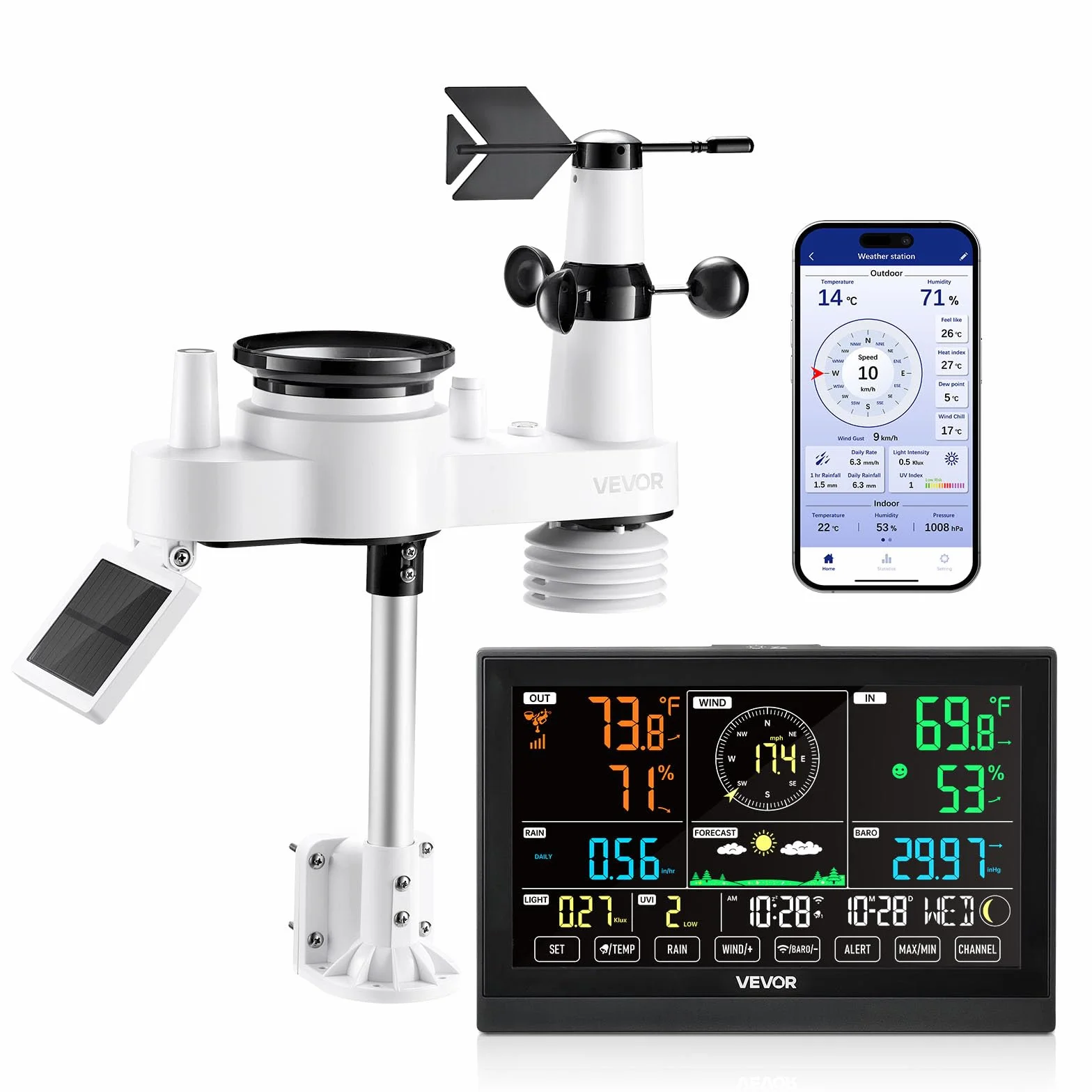VEVOR Stazione Meteorologica Wi-Fi con APP, Display VA da 190 mm, Sensore Esterno Wireless Alimentato a Energia Solare, Pluviometro, per Interni ed Esterni per Previsioni del Tempo Temperatura