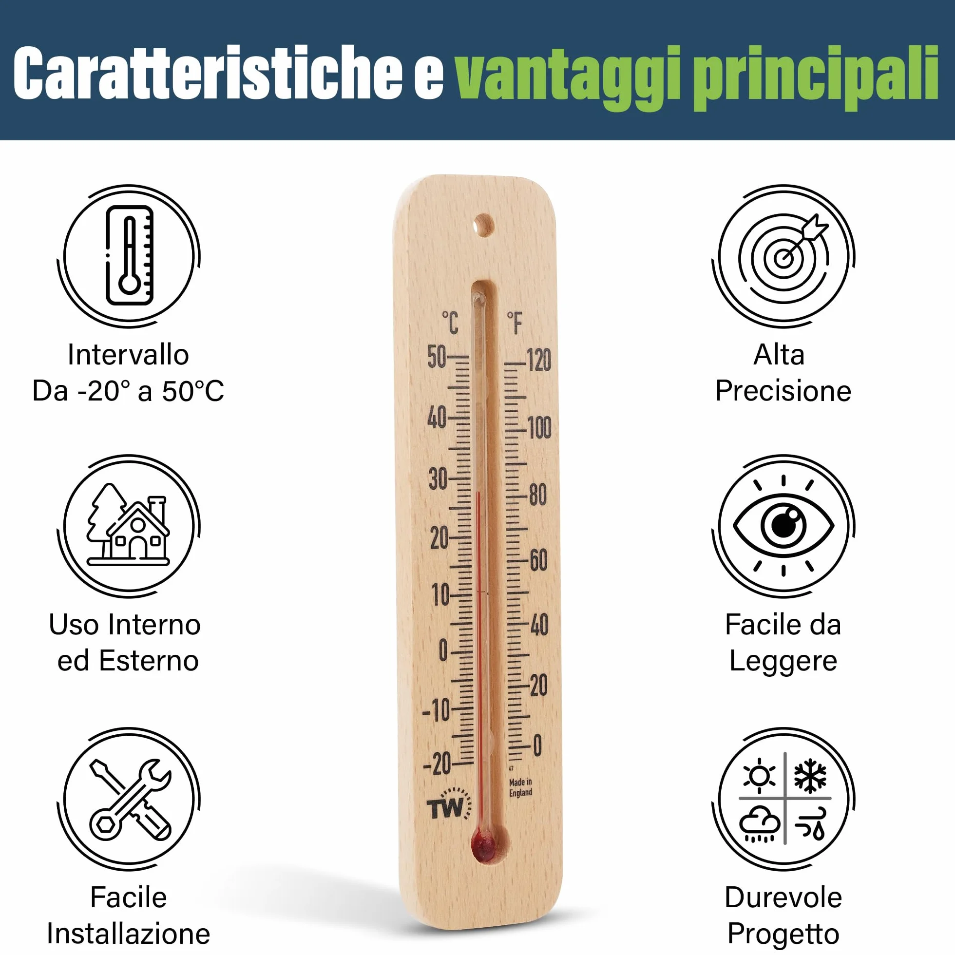 Termometro in legno per temperatura ambiente interno esterno casa ufficio giardino serra garage