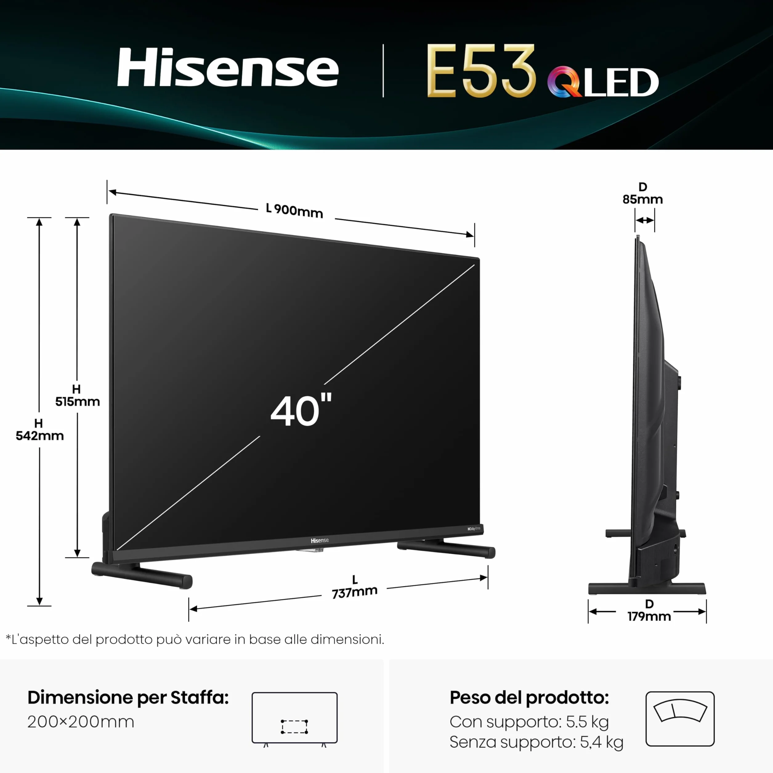 Hisense 40E53QT 40" QLED Full HD Smart TV VIDAA U8 HDR10 Dolby Atmos Game Mode DVB-T2/S2 HEVC 10