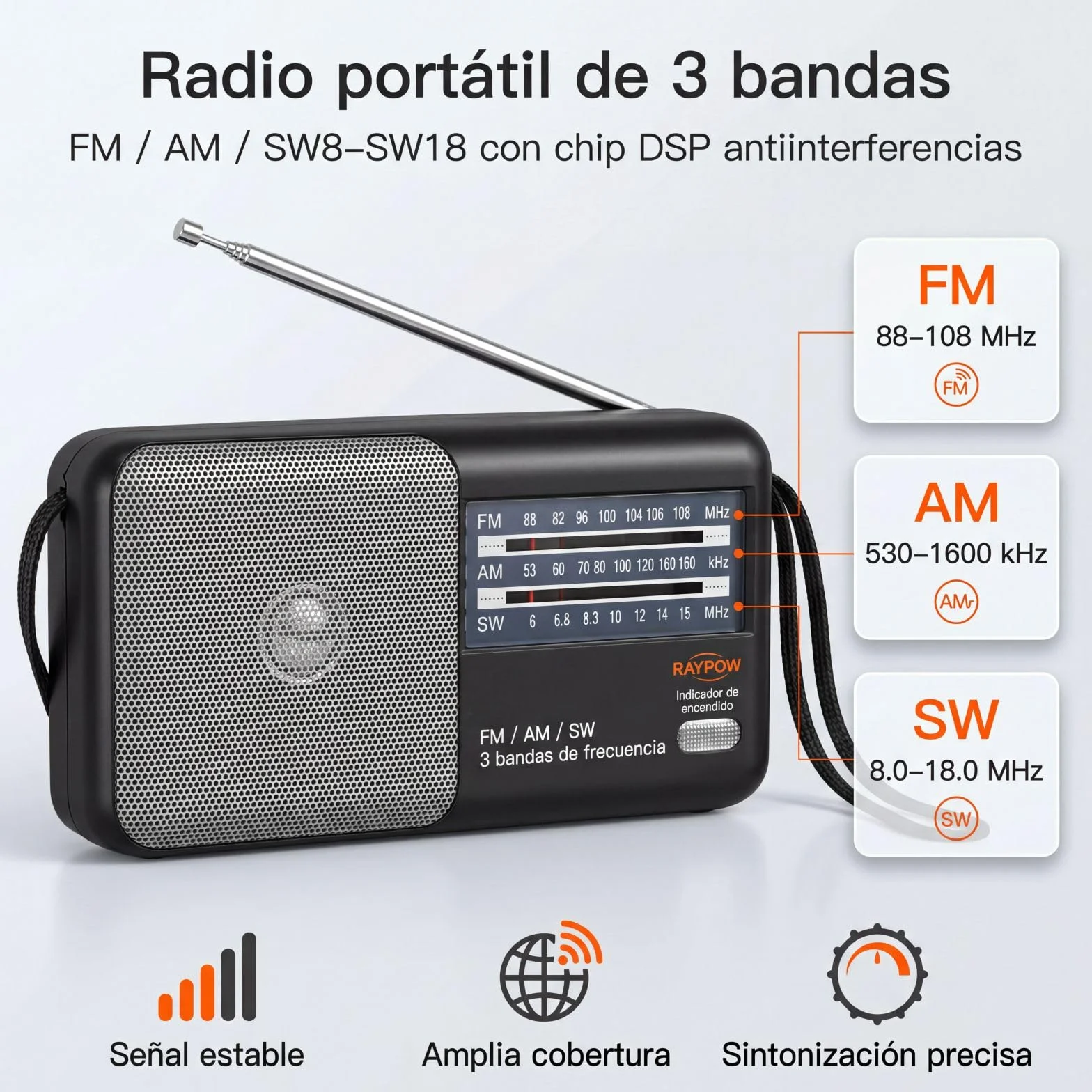 Radio portatile FM AM SW8~SW18 3 bande transistor, altoparlante potente, funziona con 2 batterie AA
