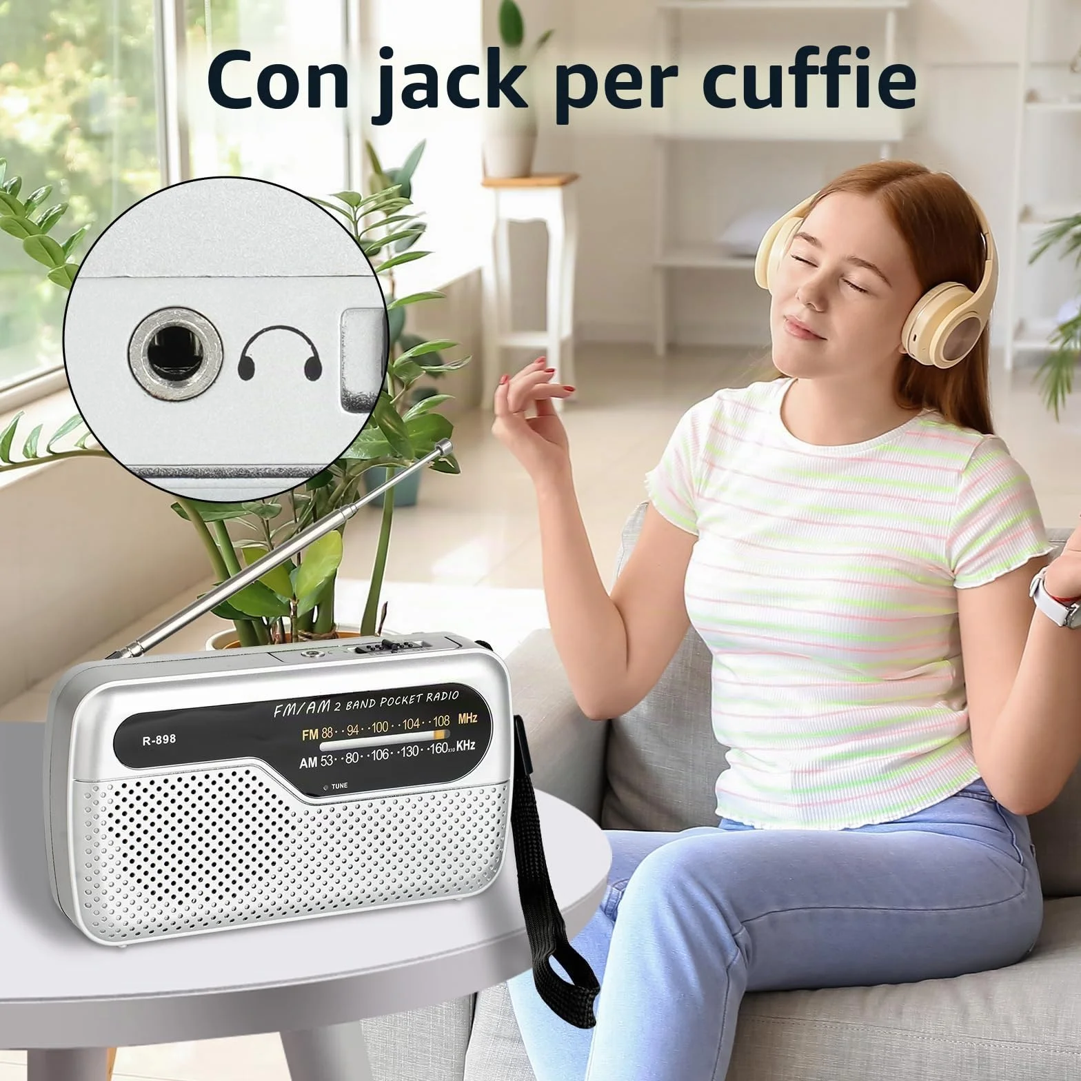 Radio portatile FM transistor con altoparlante potente, funziona con 2 batterie AA, argento