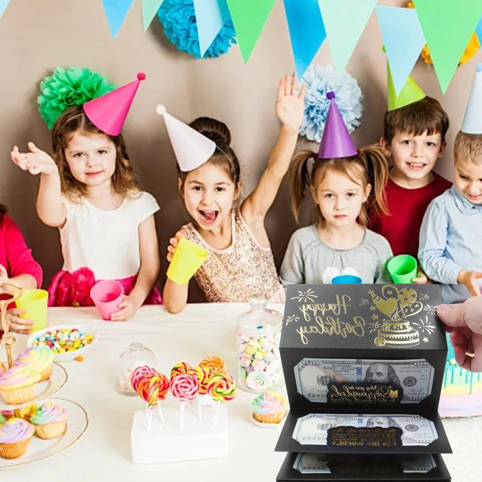 Biglietto Auguri Compleanno con Busta, Nero Oro, per Regali in Contanti