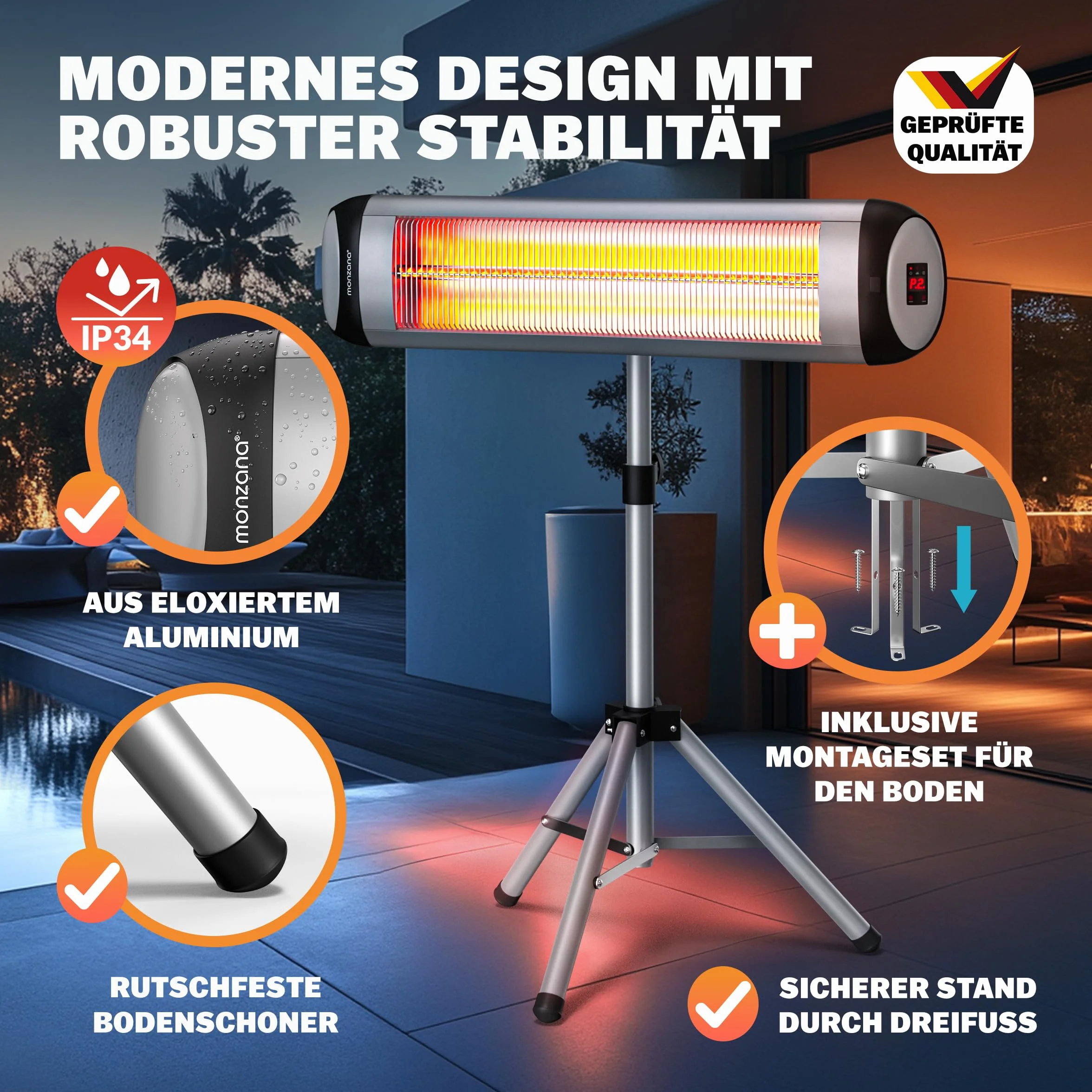 MONZANA Stufa Elettrica a Infrarossi MZH2500 2500W 110-175cm Telecomando Timer 24h