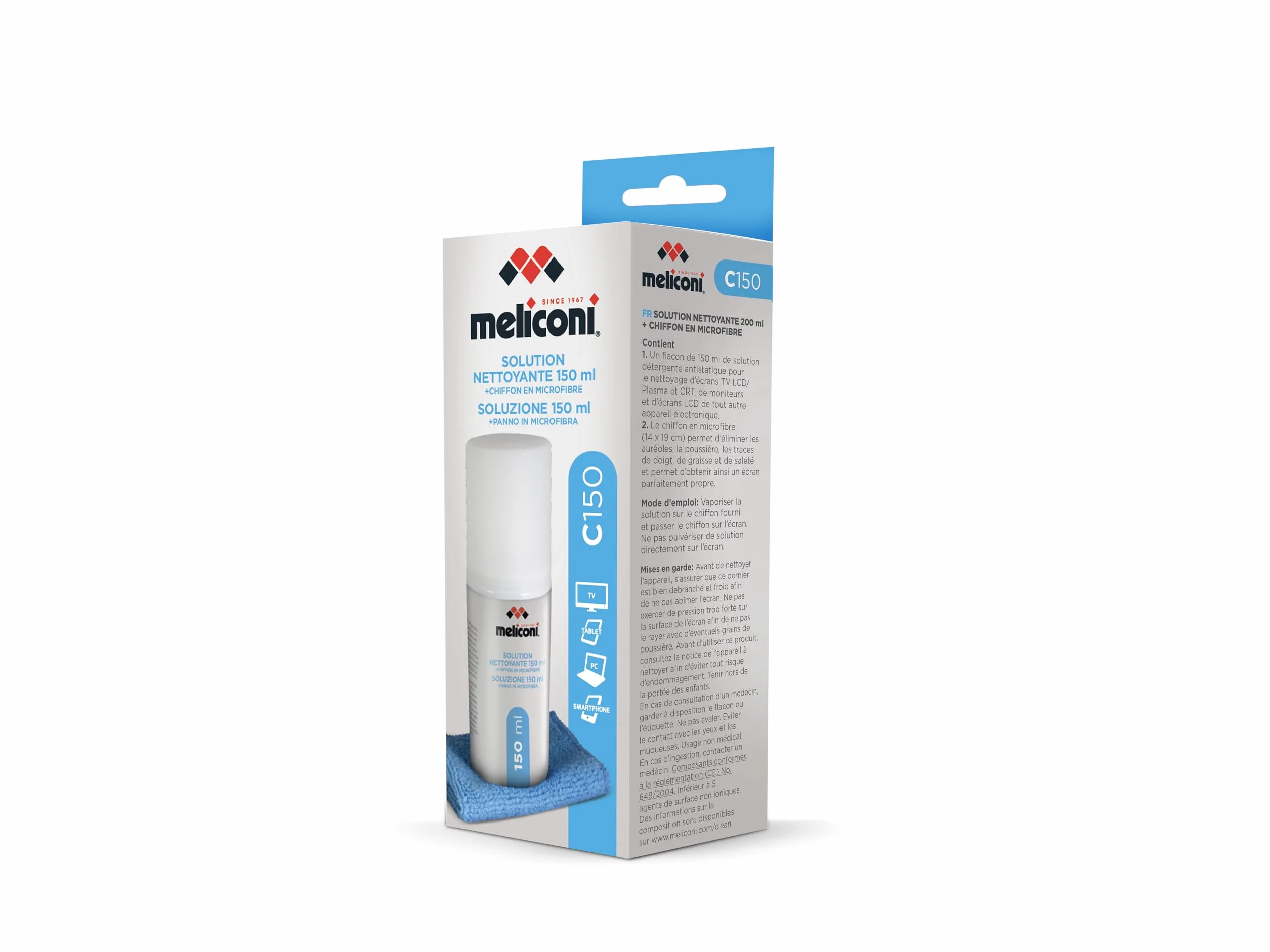 MELICONI Soluzione di Pulizia C-150 150 ml Panno in Microfibra per Schermi TV, Monitor, Smartphone, LCD, Plasma