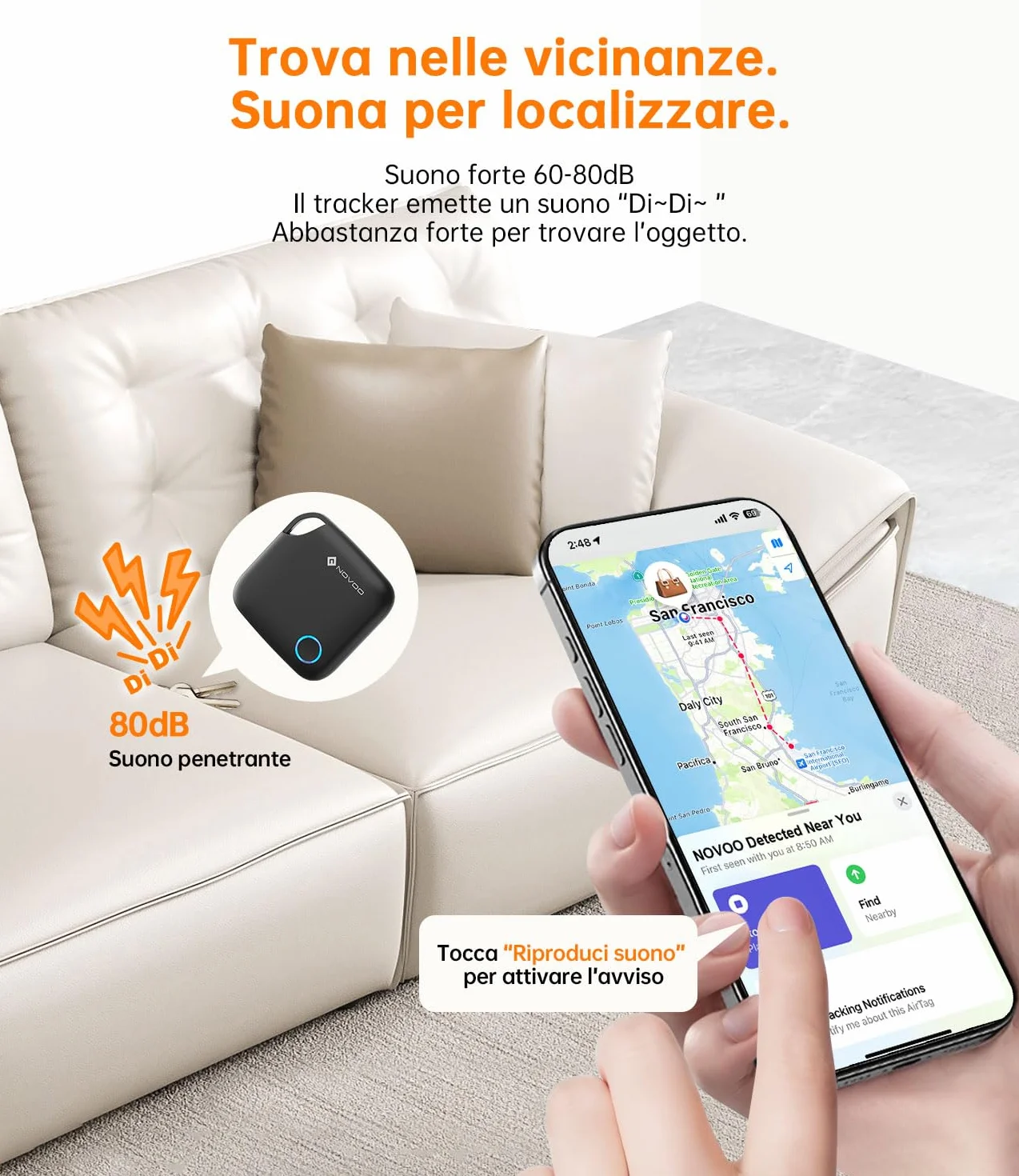 NOVOO Smart Tag Apple Find My Localizzatore Oggetti Allarme 80 dB Batteria Sostituibile Blocco Bambini Tracker Chiavi Portafoglio Bagagli 4 Pezzi