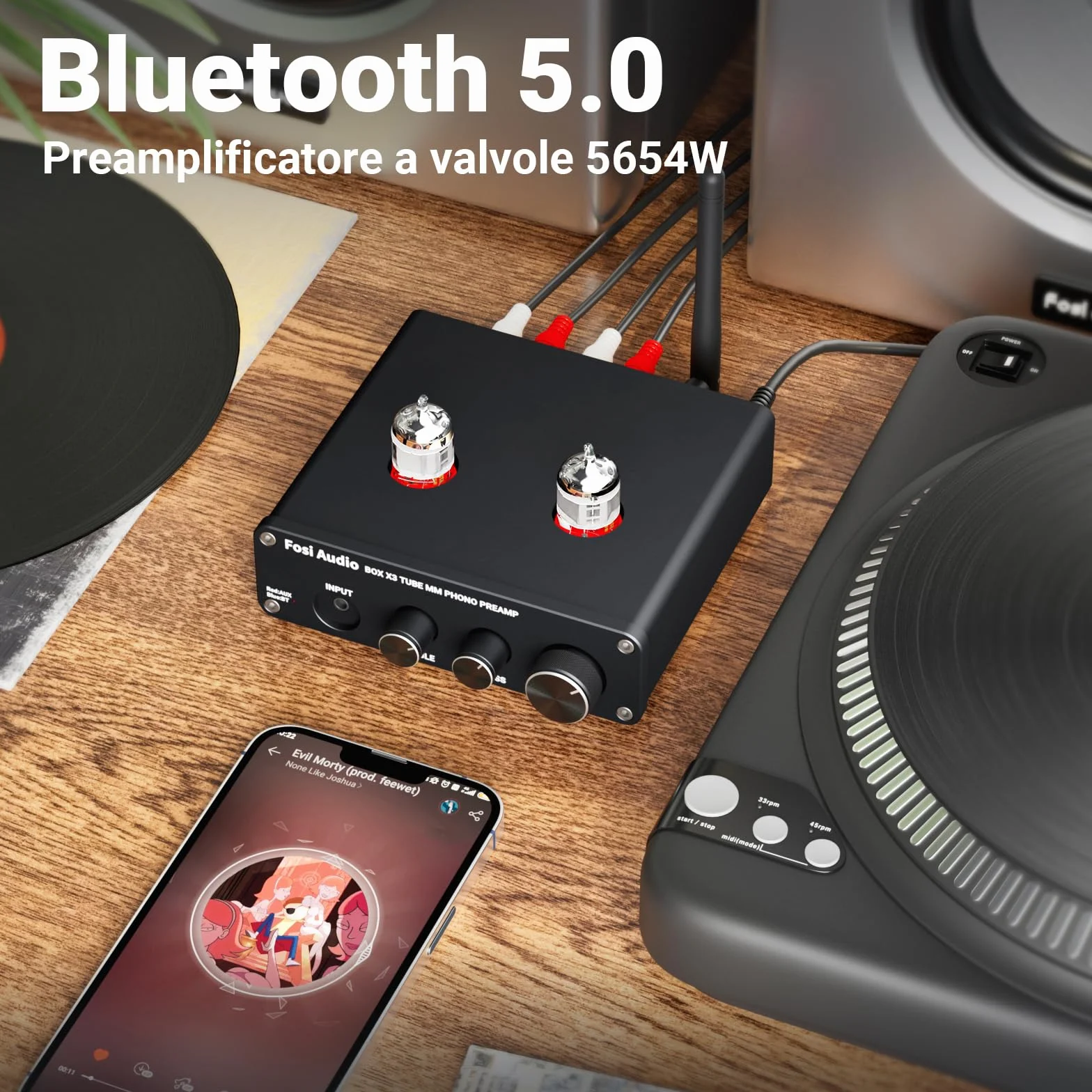 Fosi Audio BOX X3 Tube Phono Preamplificatore Giradischi Bluetooth 5.0 Mini Stereo Hi-Fi