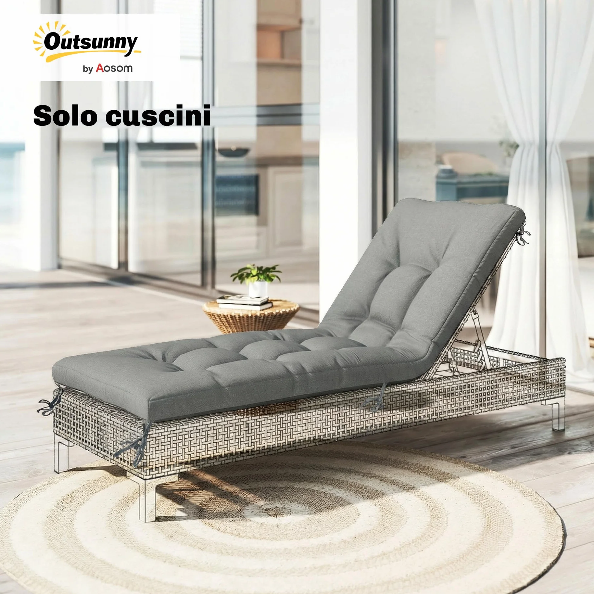 Outsunny Cuscino per Poltrona da Patio, UV50+ con Cinghie di Fissaggio, 198x65x13 cm, Grigio Chiaro