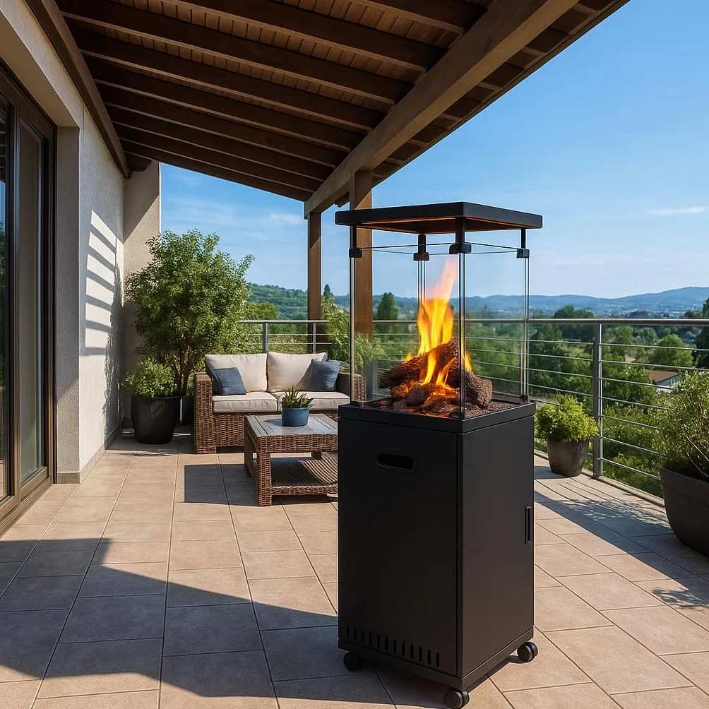 Stufa Patio a Gas GPL 11 kW con Accensione Piezoelettrica e Legnetti Decorativi 42x42xH140cm Riscaldatore da Esterno