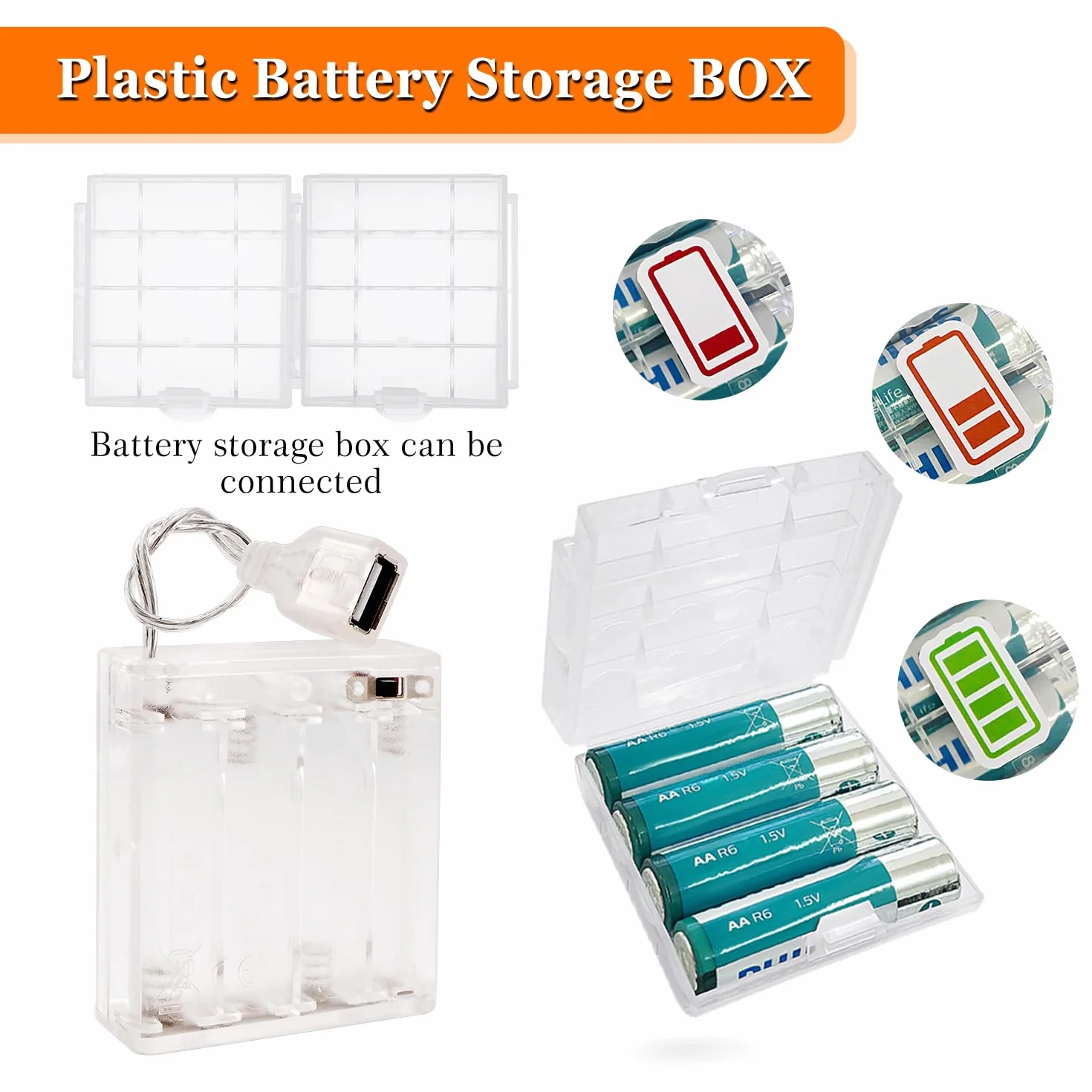 6V Supporto Batteria AA con Interruttore On/Off e Cavi USB Femmina, 3 Pezzi, Custodia Trasparente