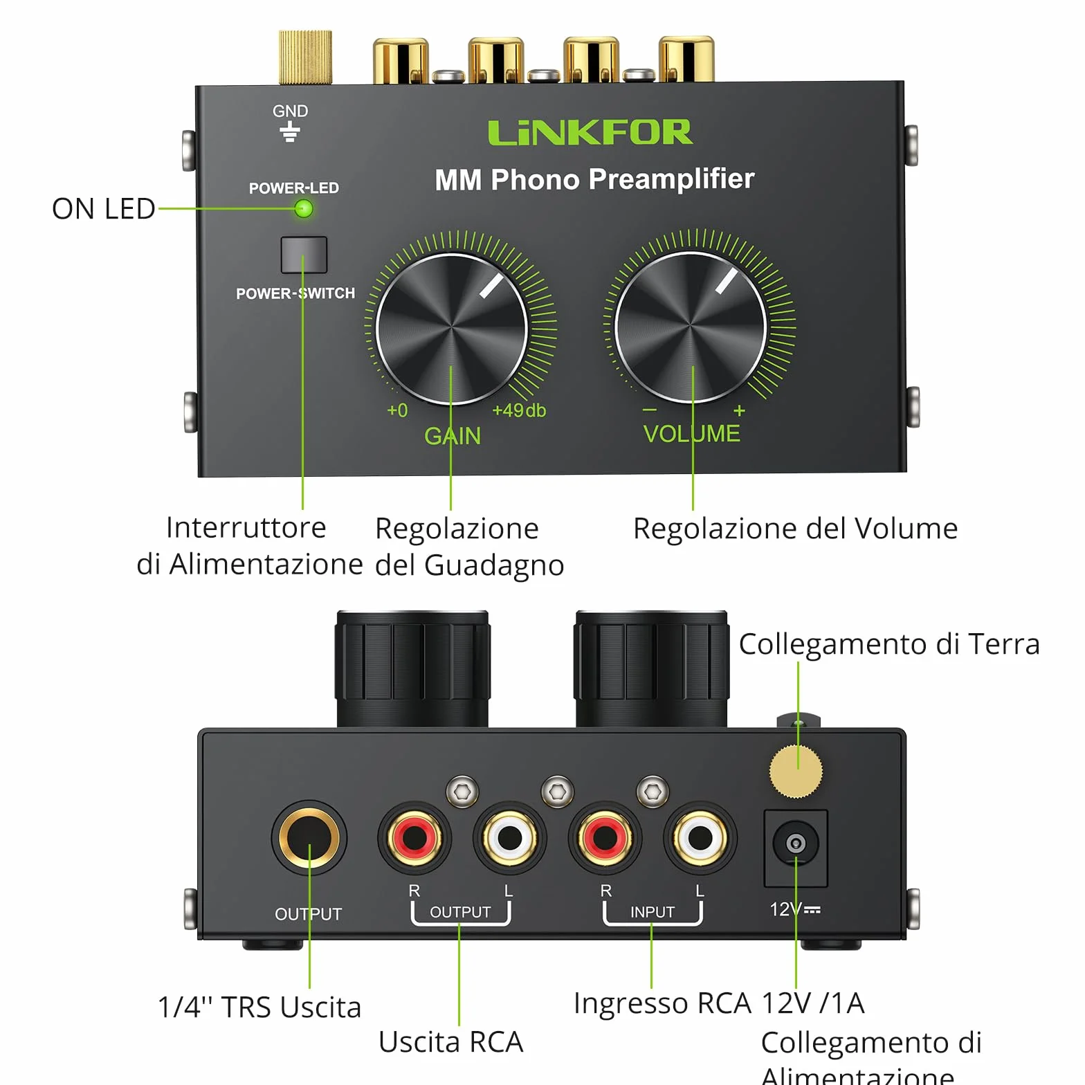 LiNKFOR Preamplificatore Giradischi Phono RCA 6.35mm DC 12V