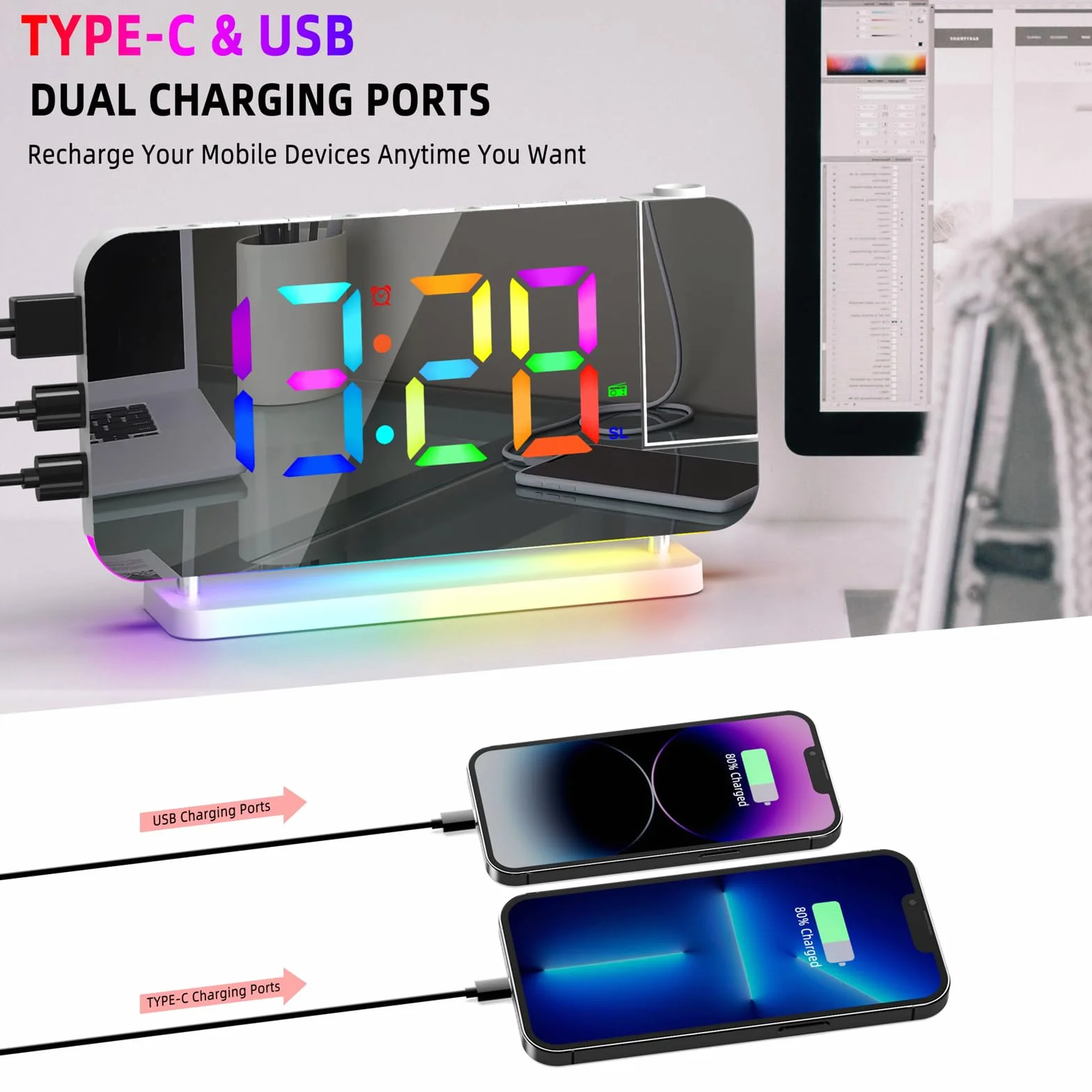 Radiosveglia Digitale con Proiezione e FM 6 Livelli Luminosità Schermo 4 Proiezione Snooze