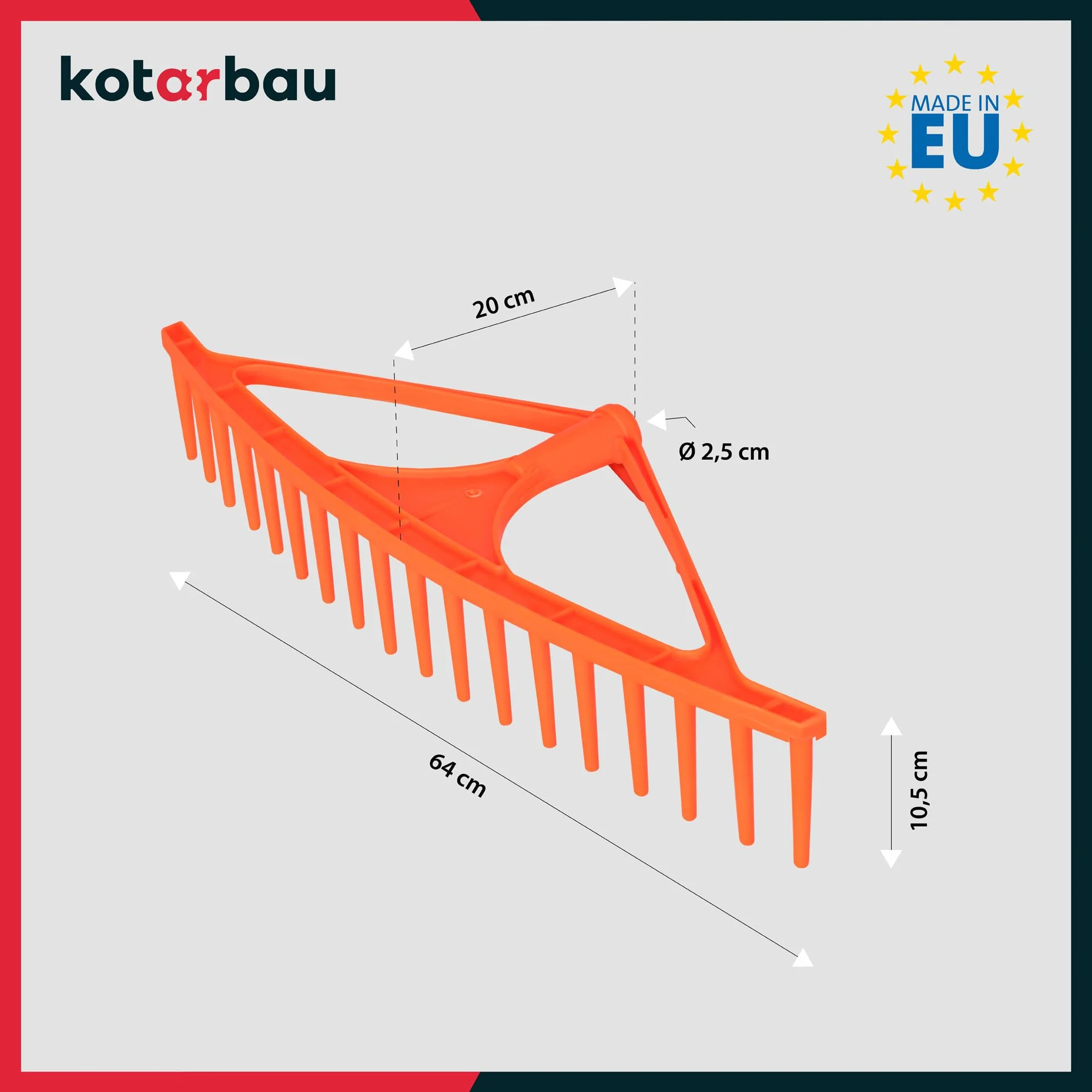 KOTARBAU® Rastrello per Foglie - Rastrello Giardino - Plastica - 64 cm - Arancione - 18 Denti - per Erba Fieno - Senza Manico - Leggero Resistente