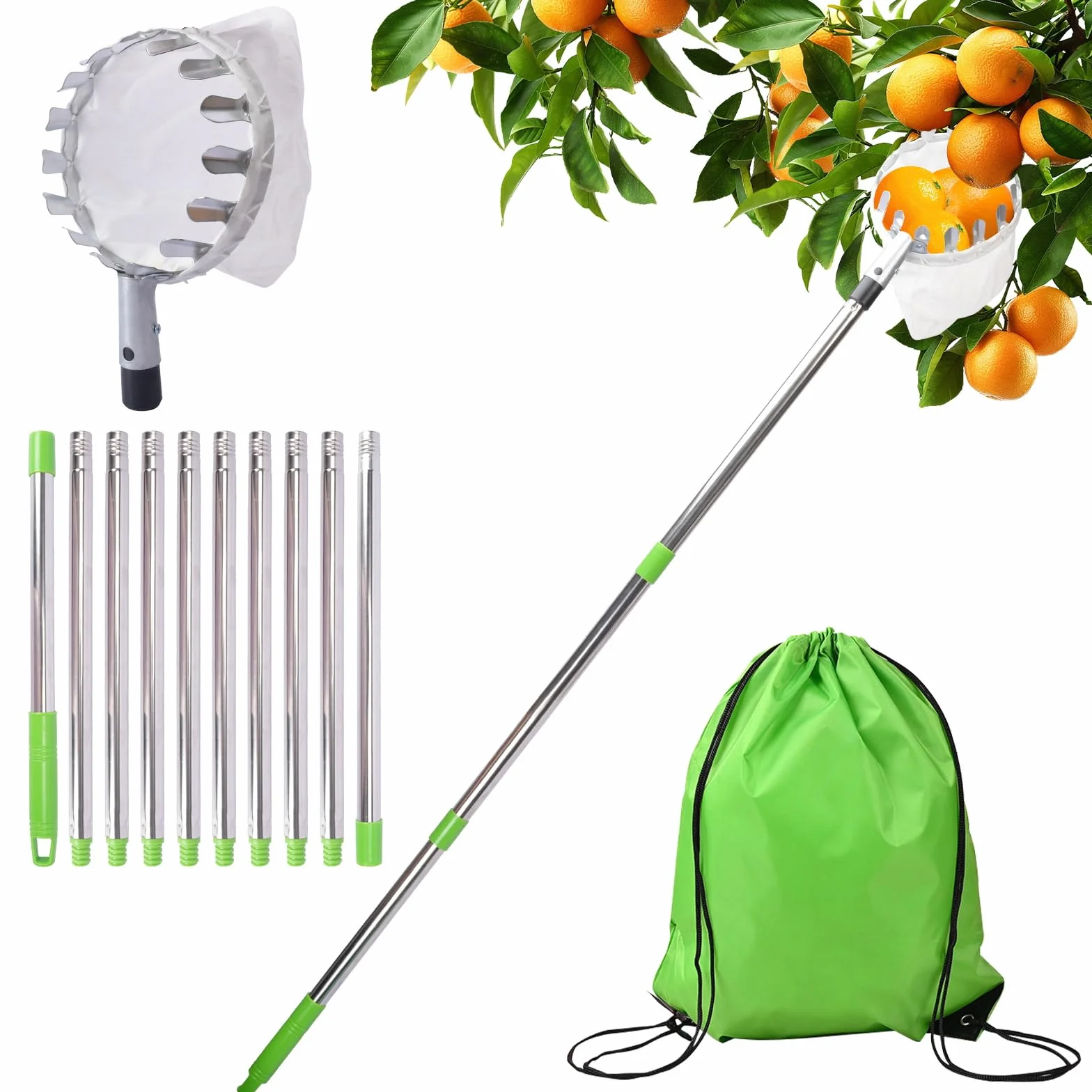 Raccogli Frutta Telescopico,Raccoglifrutta Regolabile,Raccoglitore Frutta,Raccolta di Mele con Supporto per Borsa in Tessuto e Borsa con Coulisse per Raccogliere Fruttas da Luoghi Alti