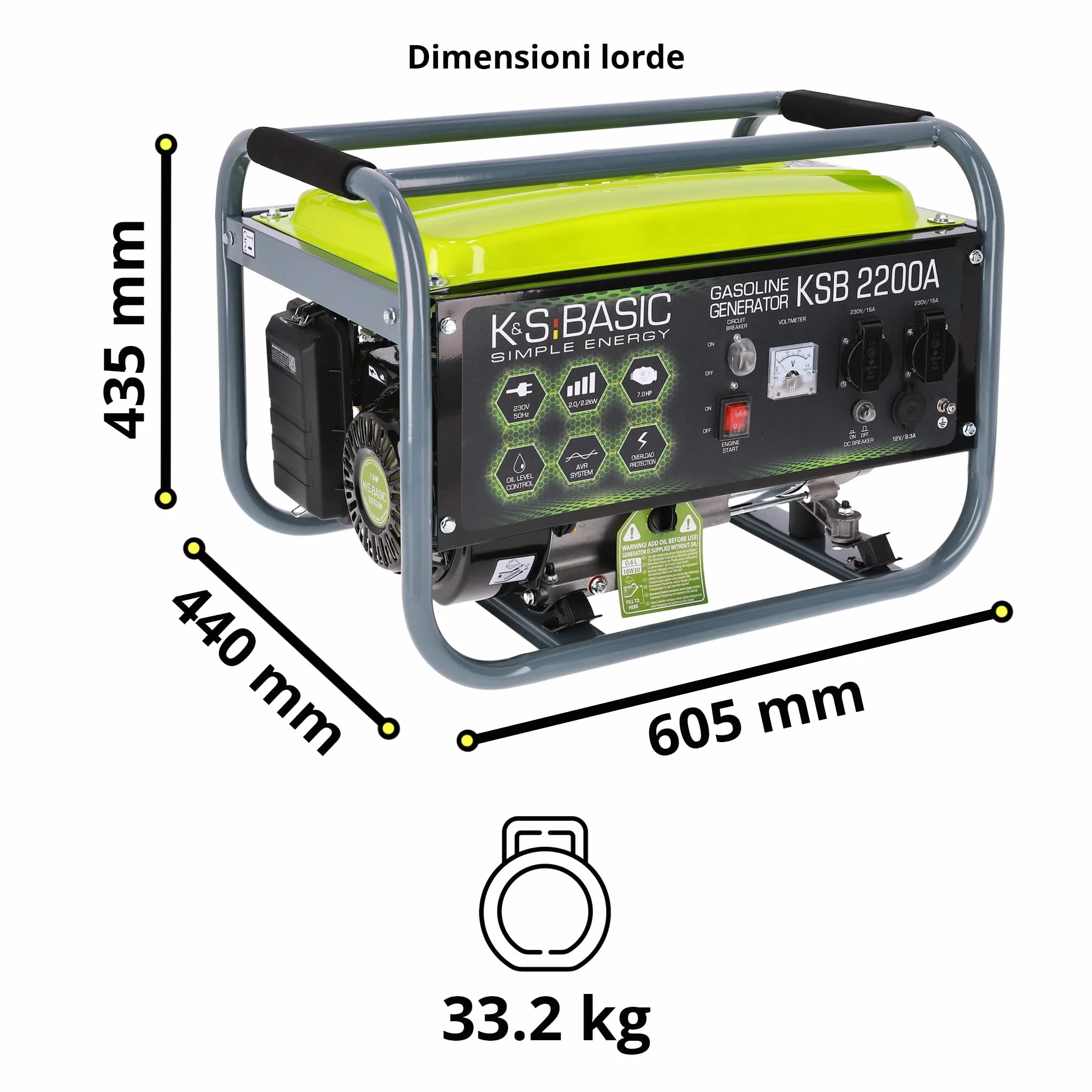KSB 2200А - Generatore di corrente, motore a benzina a 4 tempi, 5,5 CV, in alluminio, con regolatore automatico di tensione (AVR), 2200 W 16 A, 230 V per uso domestico e ricreativo