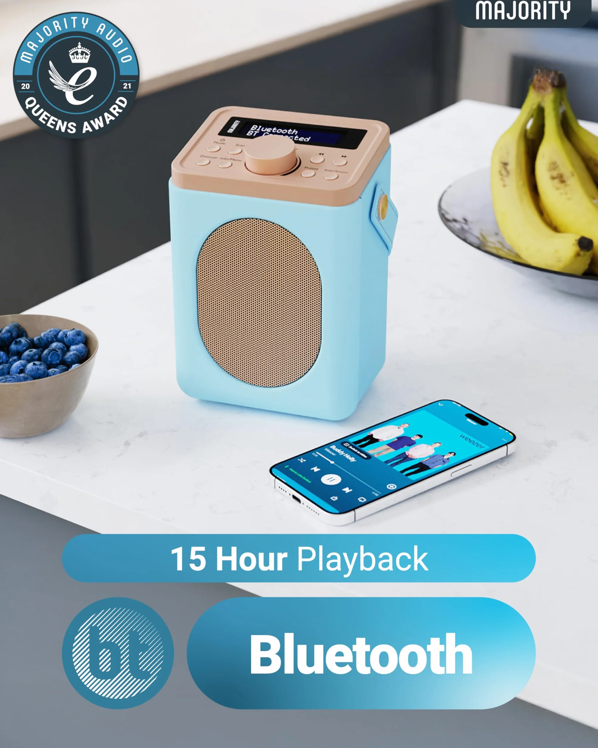 Majority Little Shelford Radio DAB+ DAB FM Bluetooth Portatile Alimentata a Batteria Doppio Allarme Blu