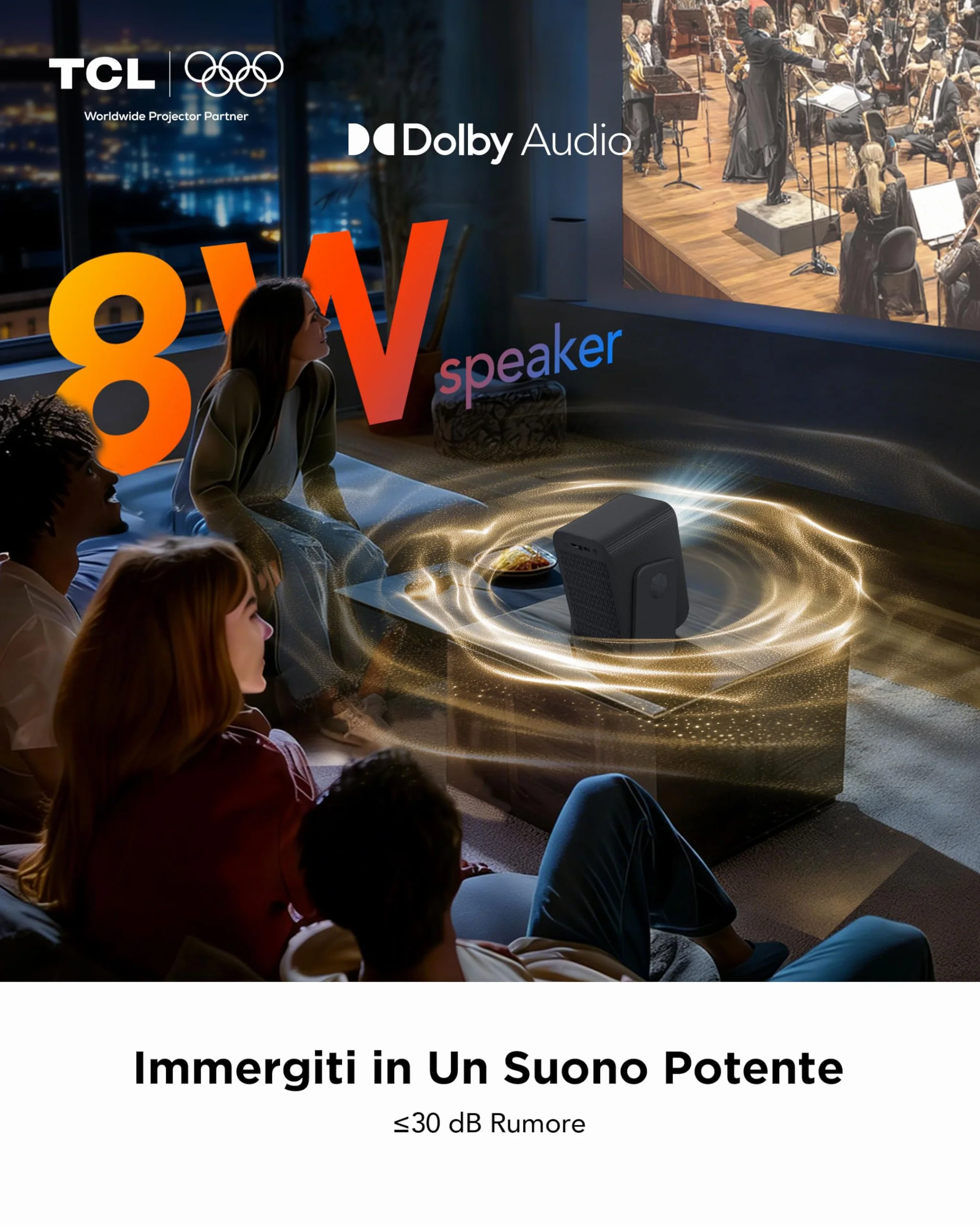 TCL C1 Mini Proiettore Portatile 4K Nativa 1080P Google TV Netflix Compatibile, Messa a Fuoco Automatica 6D Correzione Trapezoidale, Wi-Fi Bluetooth, 8W Dolby Audio, Rotabile 285°