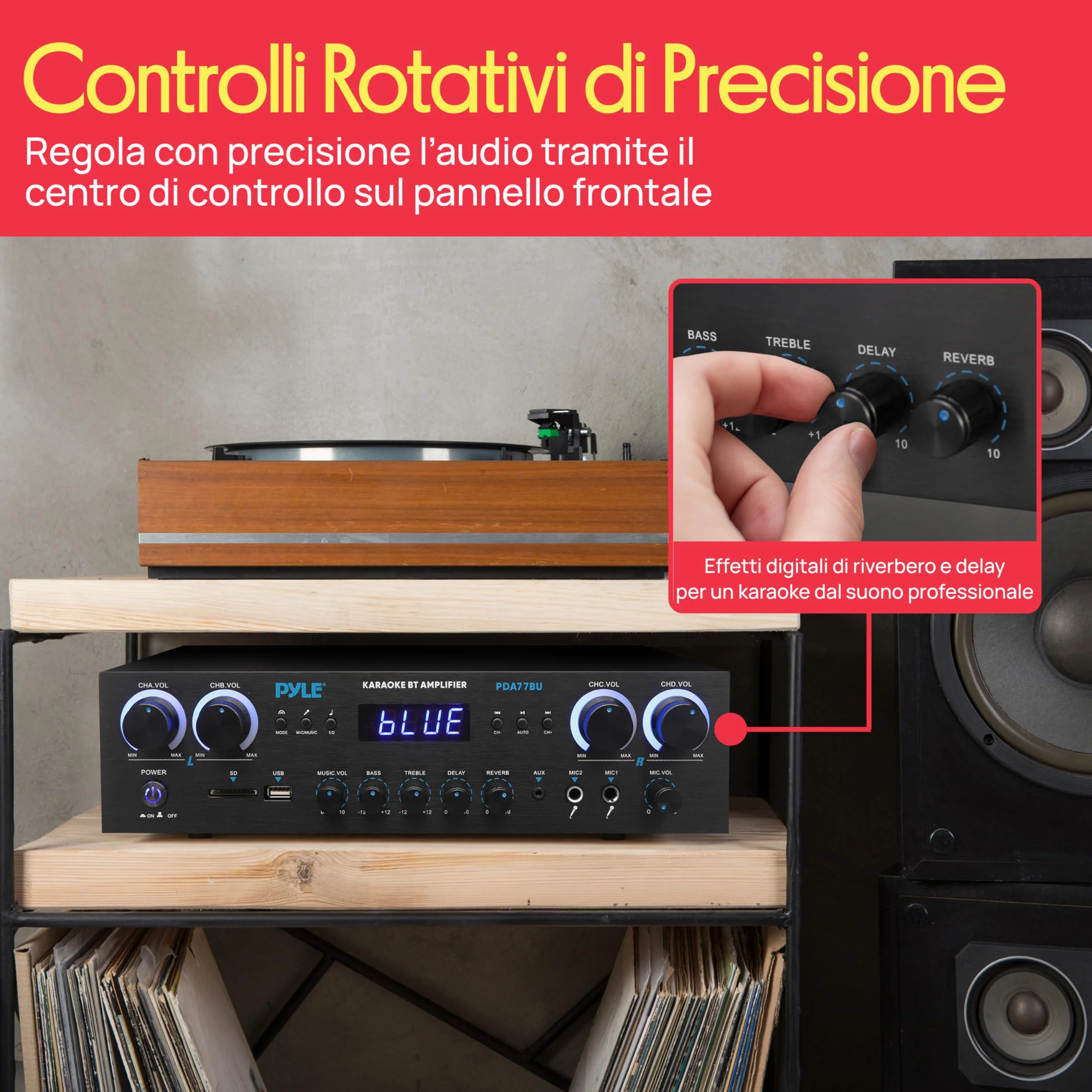 Pyle Amplificatore Audio 4 Canali Bluetooth 800 Watt Picco Home Theater Karaoke