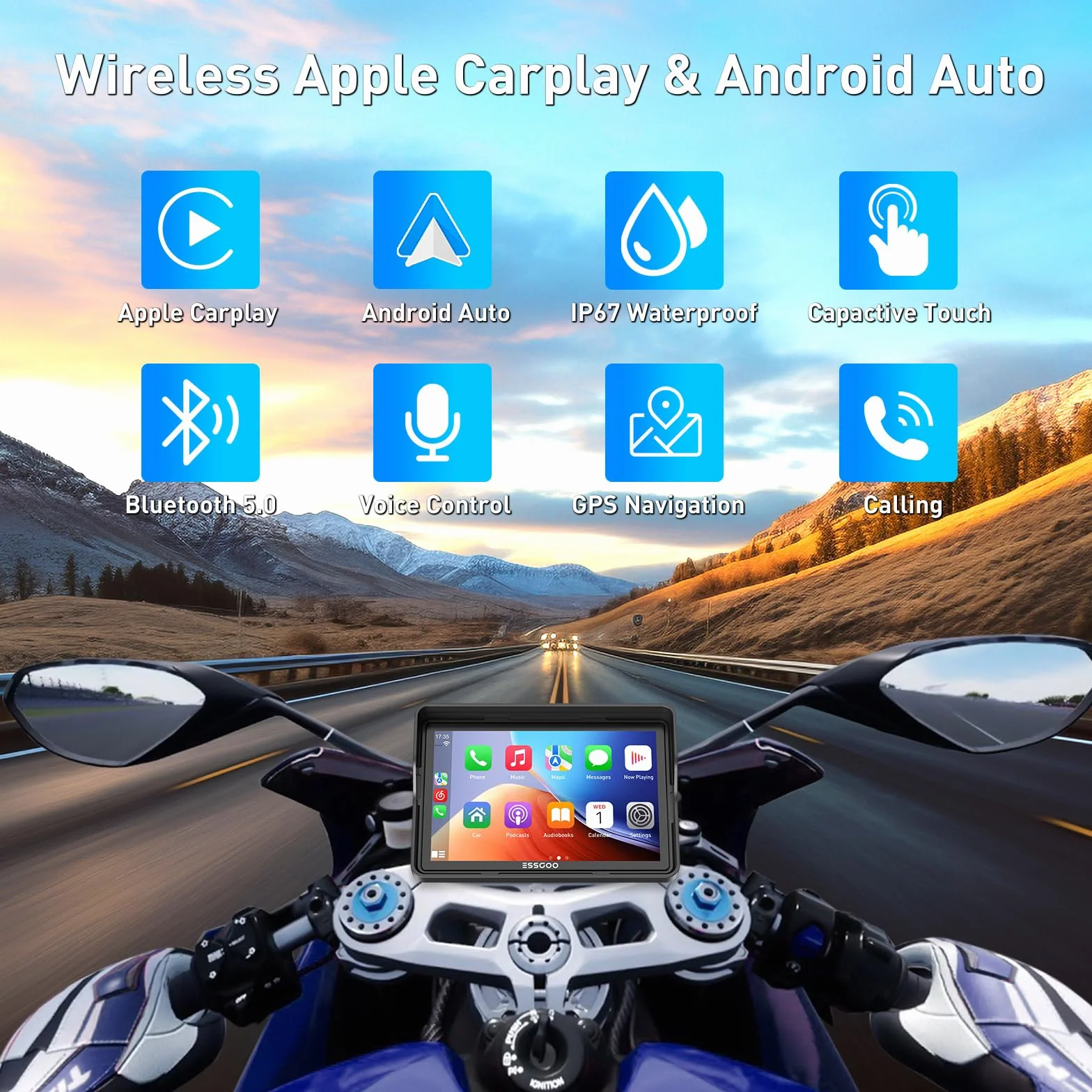 ESSGOO CarPlay moto wireless 5 pollici schermo touch impermeabile GPS Bluetooth Android Auto