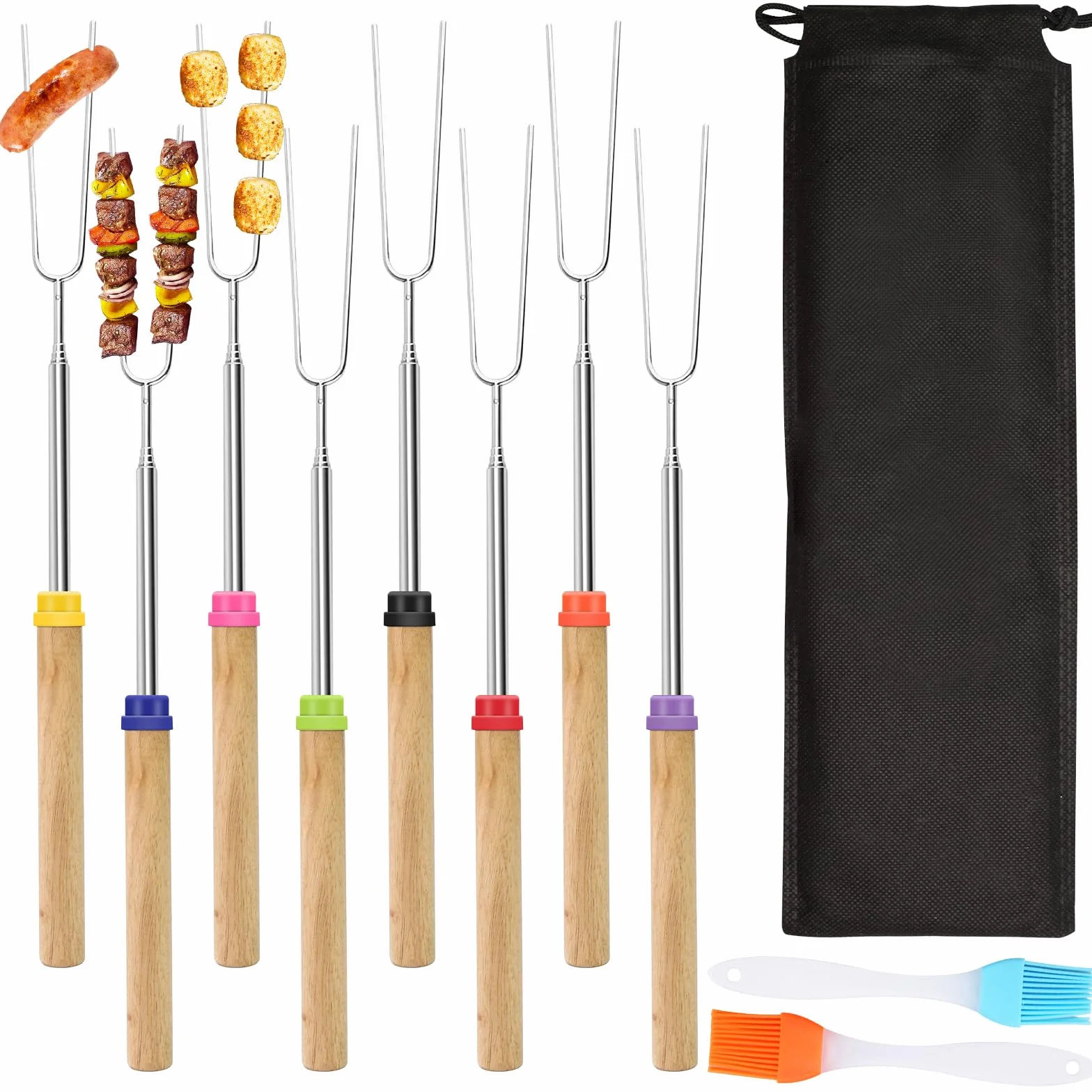 Marshmallow - Set di 8 forchette da barbecue con spazzole in silicone, forchetta estensibile con manico in betulla, forchetta estensibile a forma di U, per barbecue, campeggio, picnic (31-81 cm)