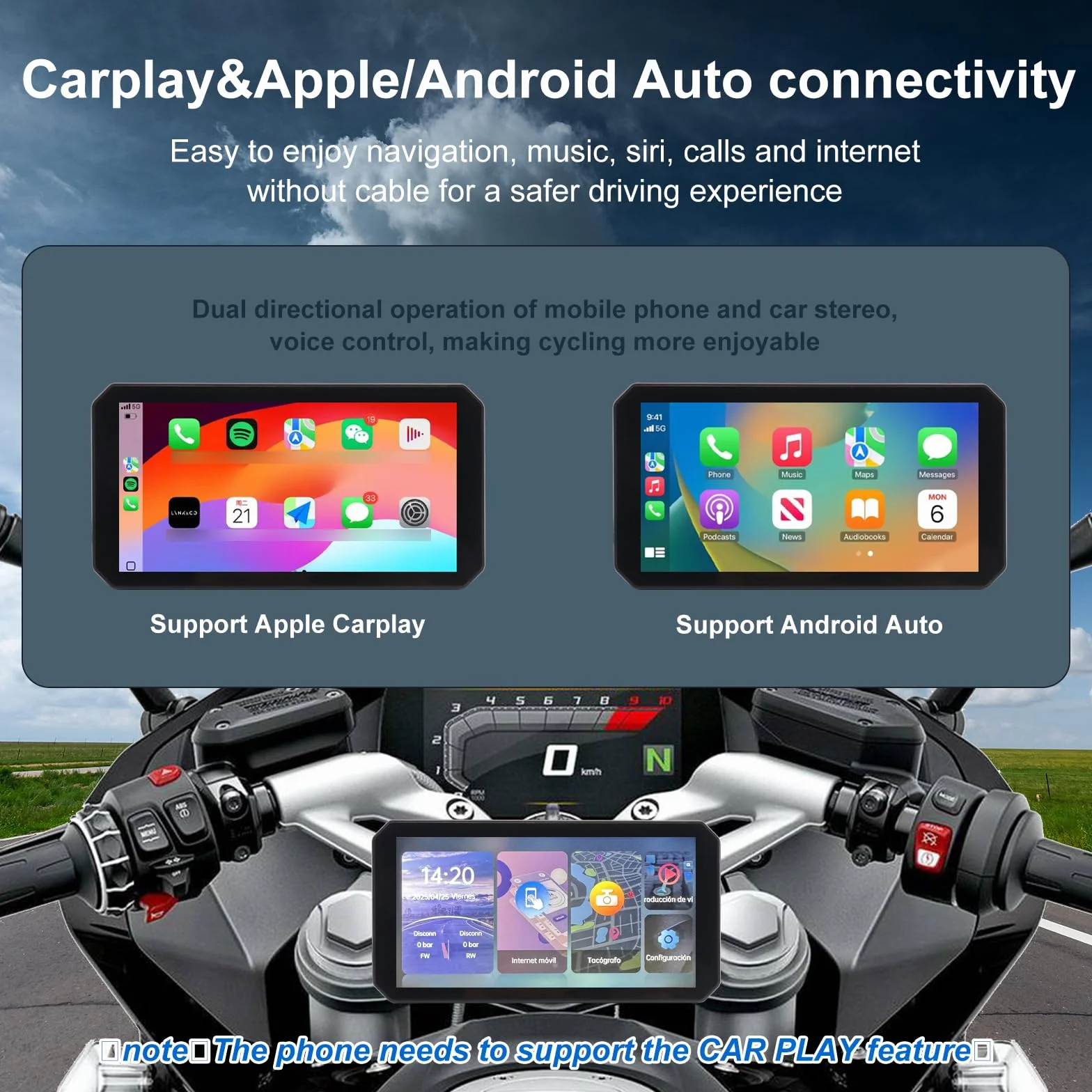 Navigatore Moto CarPlay 6 Pollici Schermo Senza Fili Android Auto GPS Impermeabile IP67 64GB