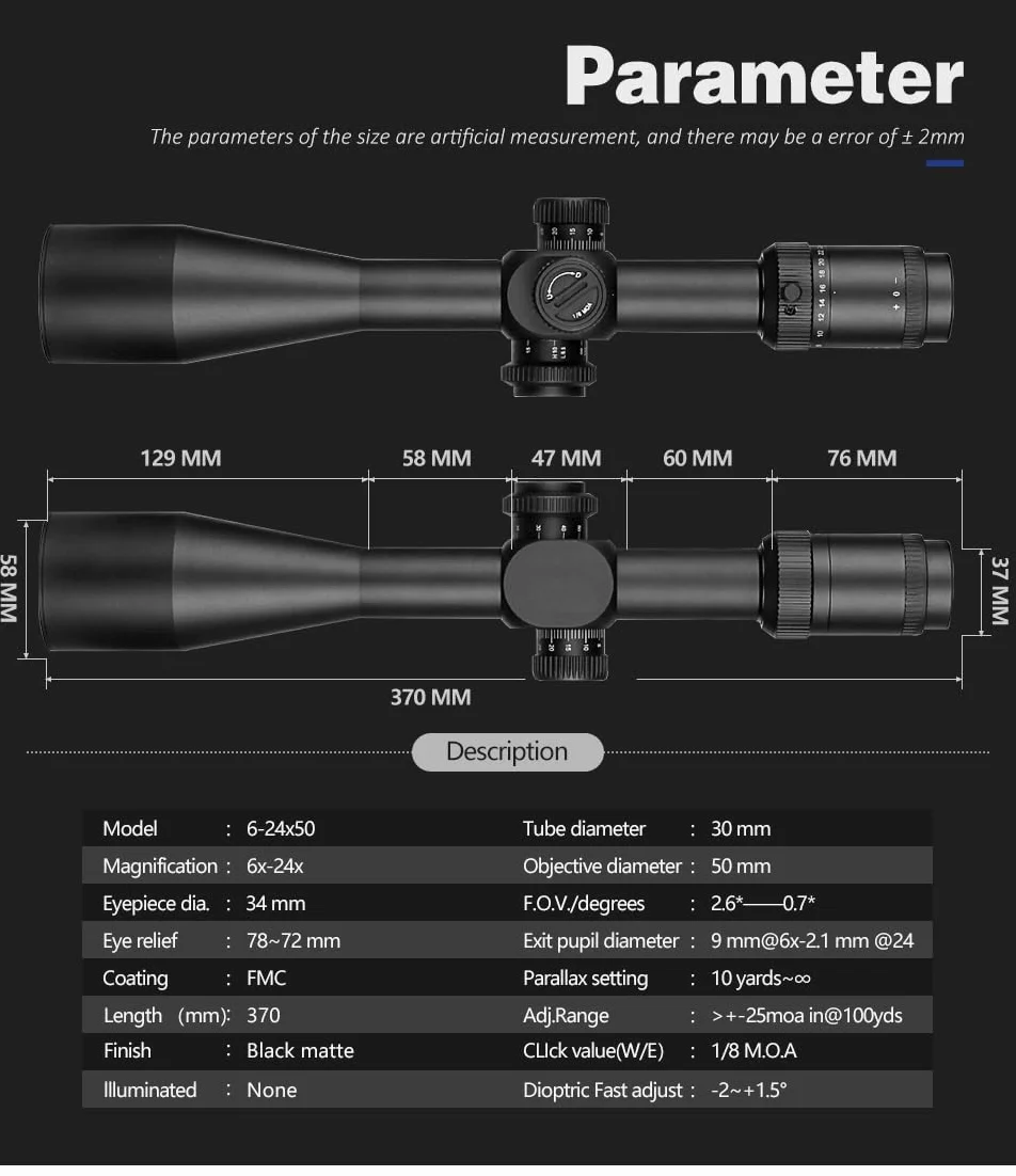 SPINA OPTICS 6-24X50 Primo Piano di Focalizzazione Telescopico Rifle Scope MIL Dot Reticolo Caccia