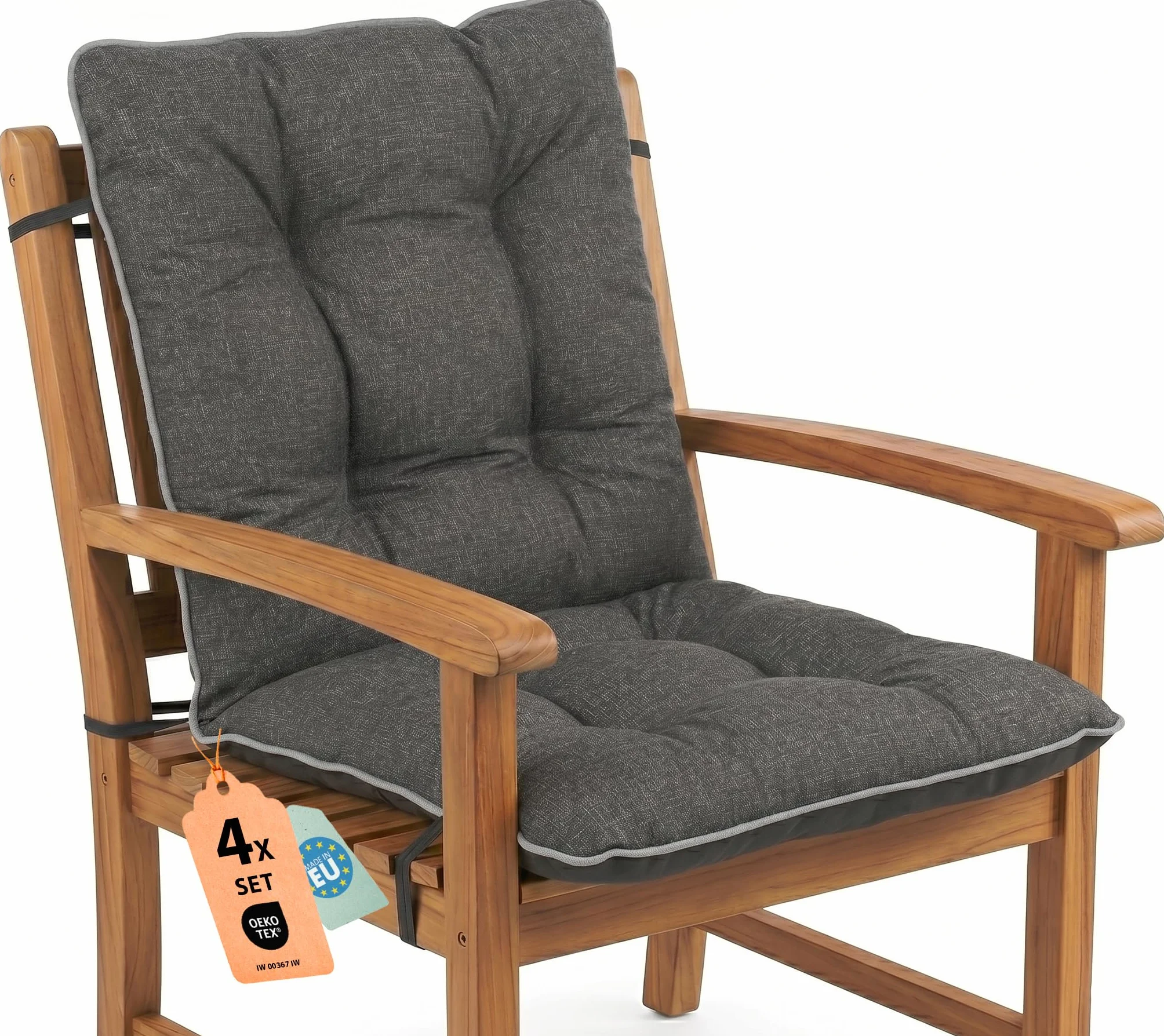 SuperKissen24. Set di 4 Cuscini per Sdraio 48x48x48 cm da Esterno ed Interno Resistente e Comodo per Sedie Reclinabili, Spiaggine e Poltrone da Giardino - Lino Nero
