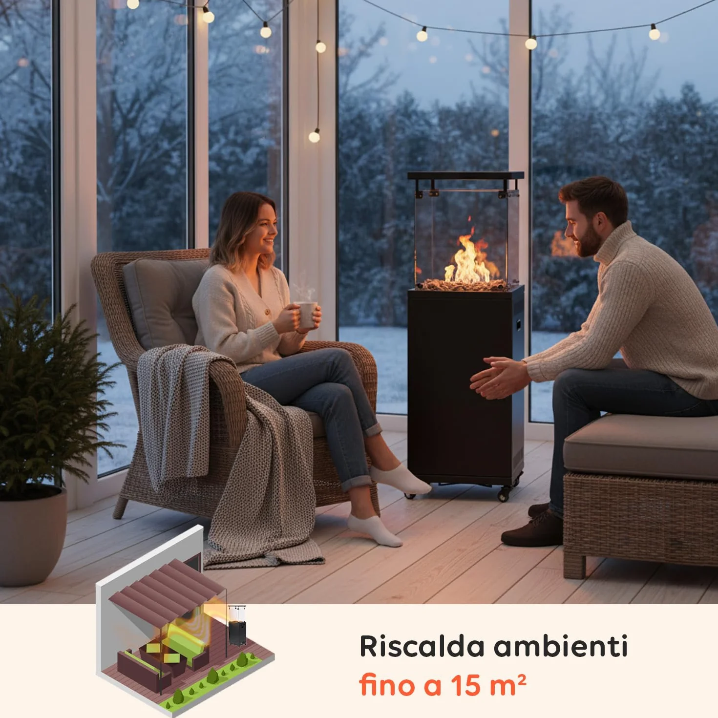 Wintem Caminetto a Gas da Esterno Nero 12 kW 15 m² Accensione Piezoelettrica Roccia Lavica Ruote