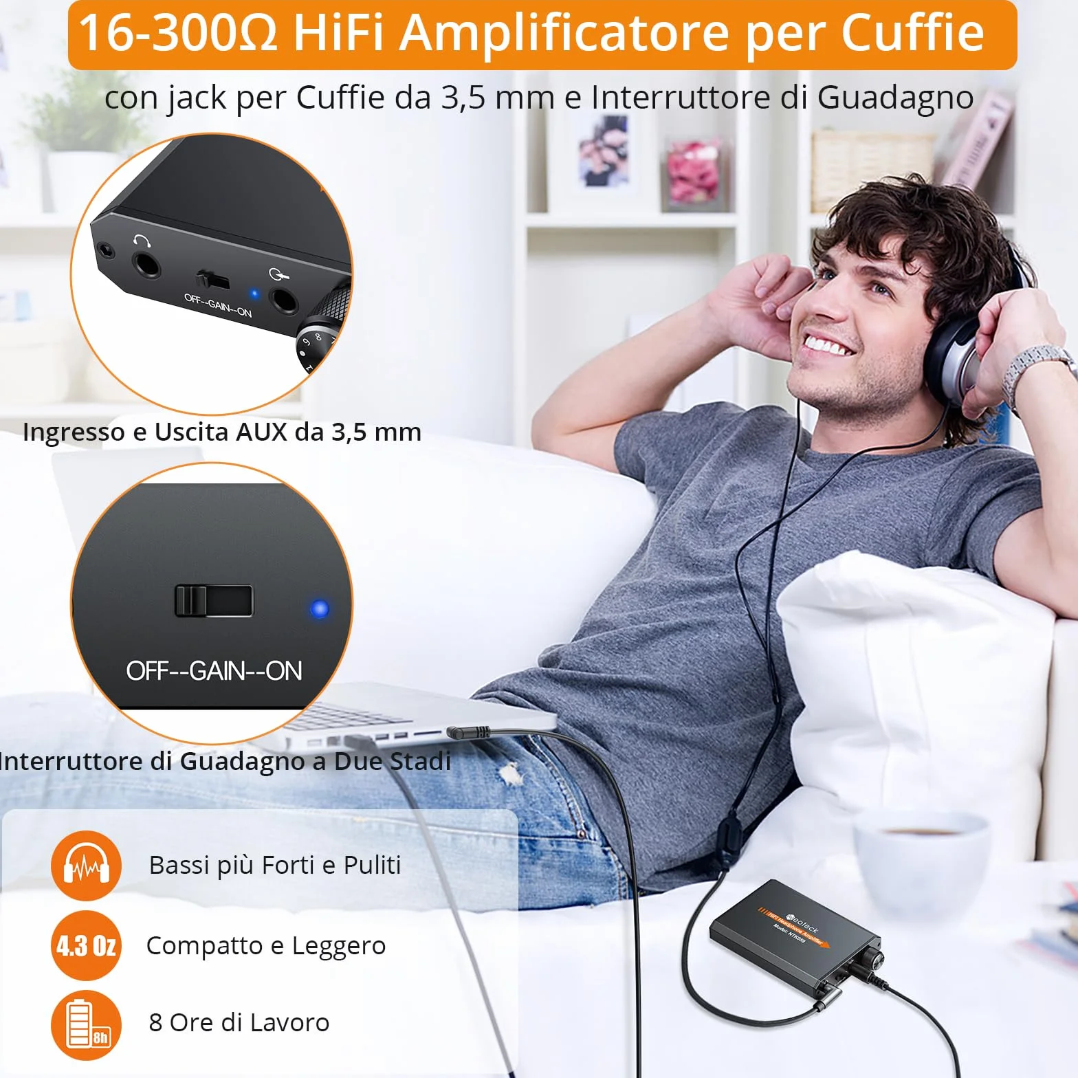 Neoteck Amplificatore Cuffie Portatile 3.5mm 16-300Ω HiFi Alluminio