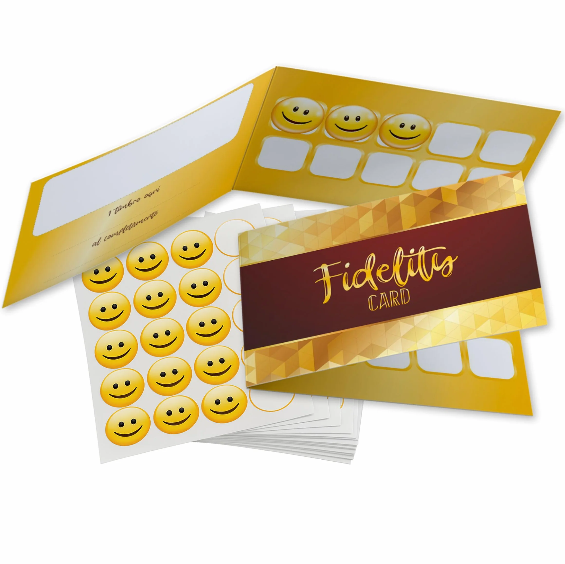 GHIBLI 100 Tessere Fedeltà + 1000 Bollini Adesivi Smile - Fidelity Card per Negozi e Attività Commerciali
