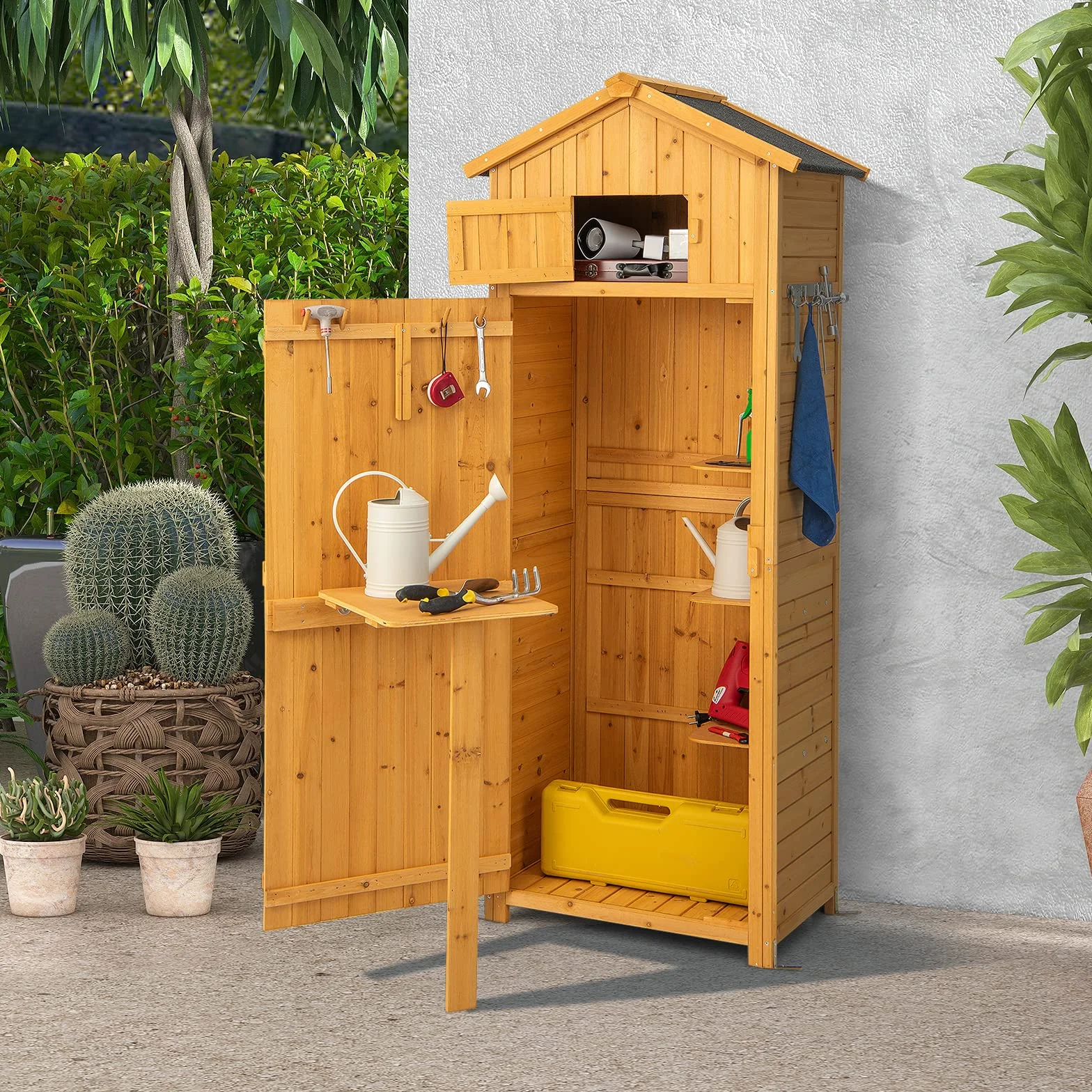 COSTWAY Armadio da Esterno in Legno Capanno da Giardino con Serratura Tavolo Pieghevole Tetto Impermeabile