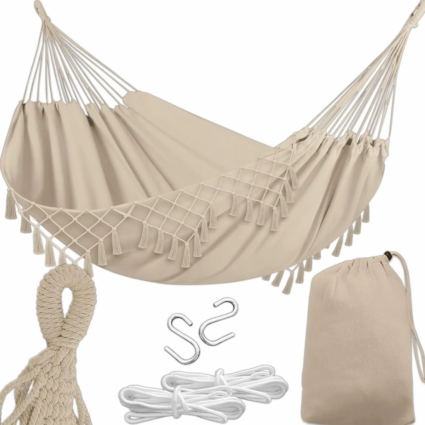 Amaca da esterno in stile bohémien 190 x 150 cm beige 120 kg cotone poliestere con frange sacchetto trasporto