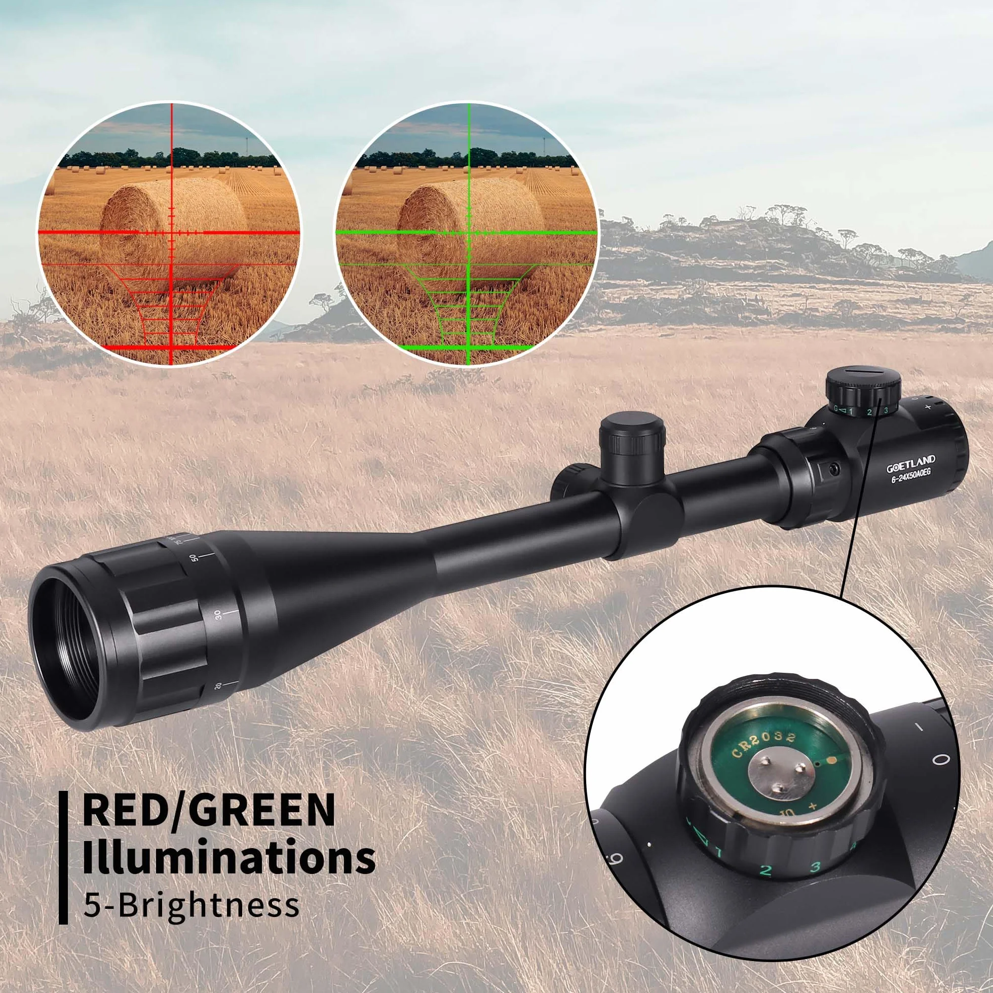 Goetland Lunettes de Visée 6-24x50 AOEG Télémètre Rouge Vert Bleu Illuminé SFP pour Chasse Airsoft Tir Sportif