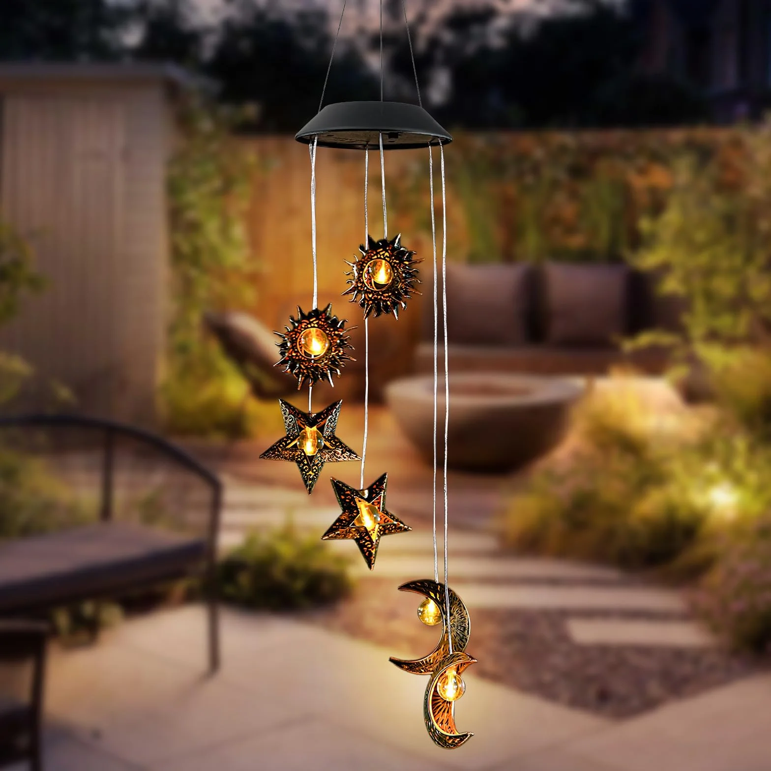 Campane a Vento Solari Esterno LED – Luci Solari Decorazioni da Giardino con Sole Luna Stelle – Impermeabili, Scacciapensieri da Appendere per Terrazzo Balcone Patio Giardino