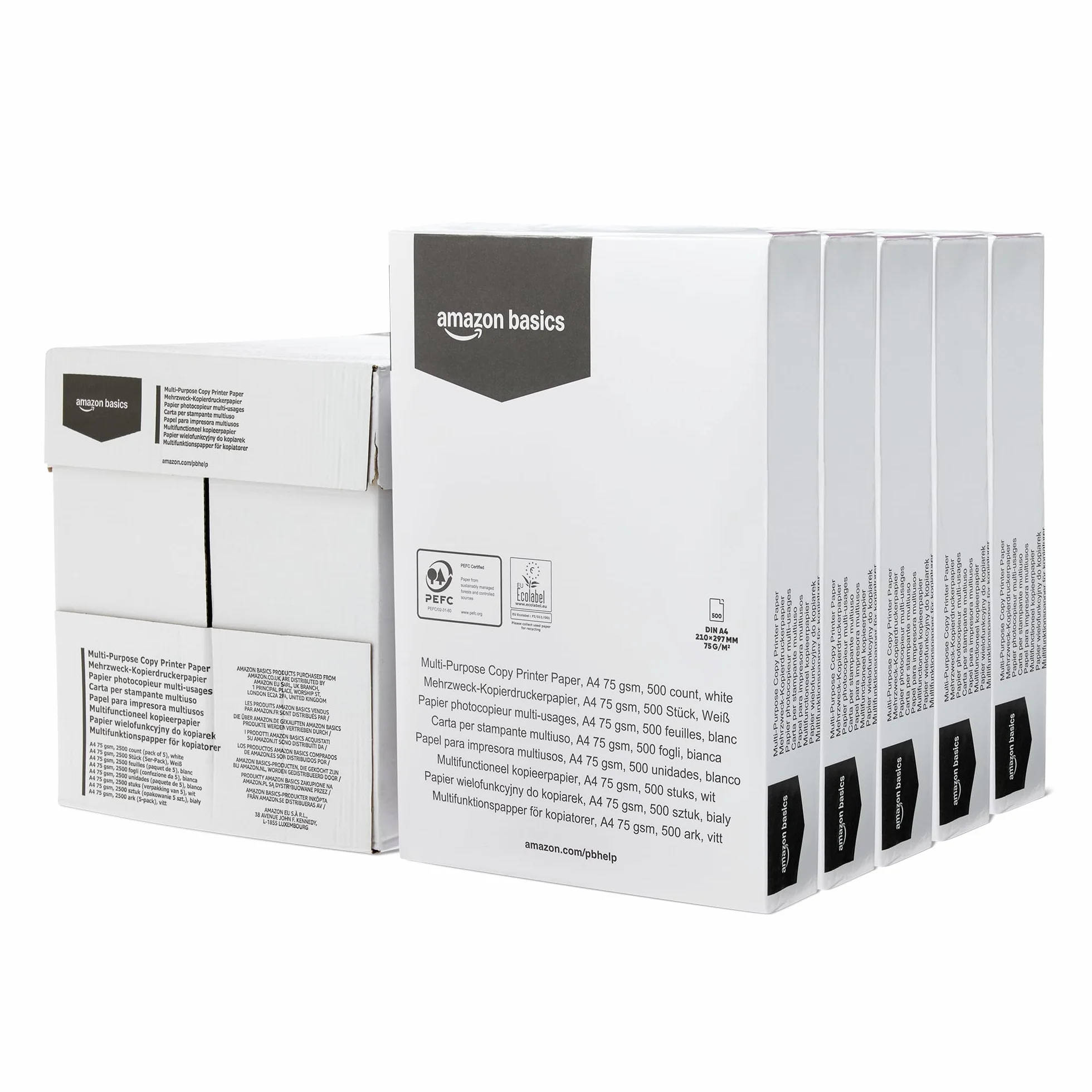 Amazon Basics Carta Multiuso A4 75g/m2 2500 Fogli 5 Risme Bianco