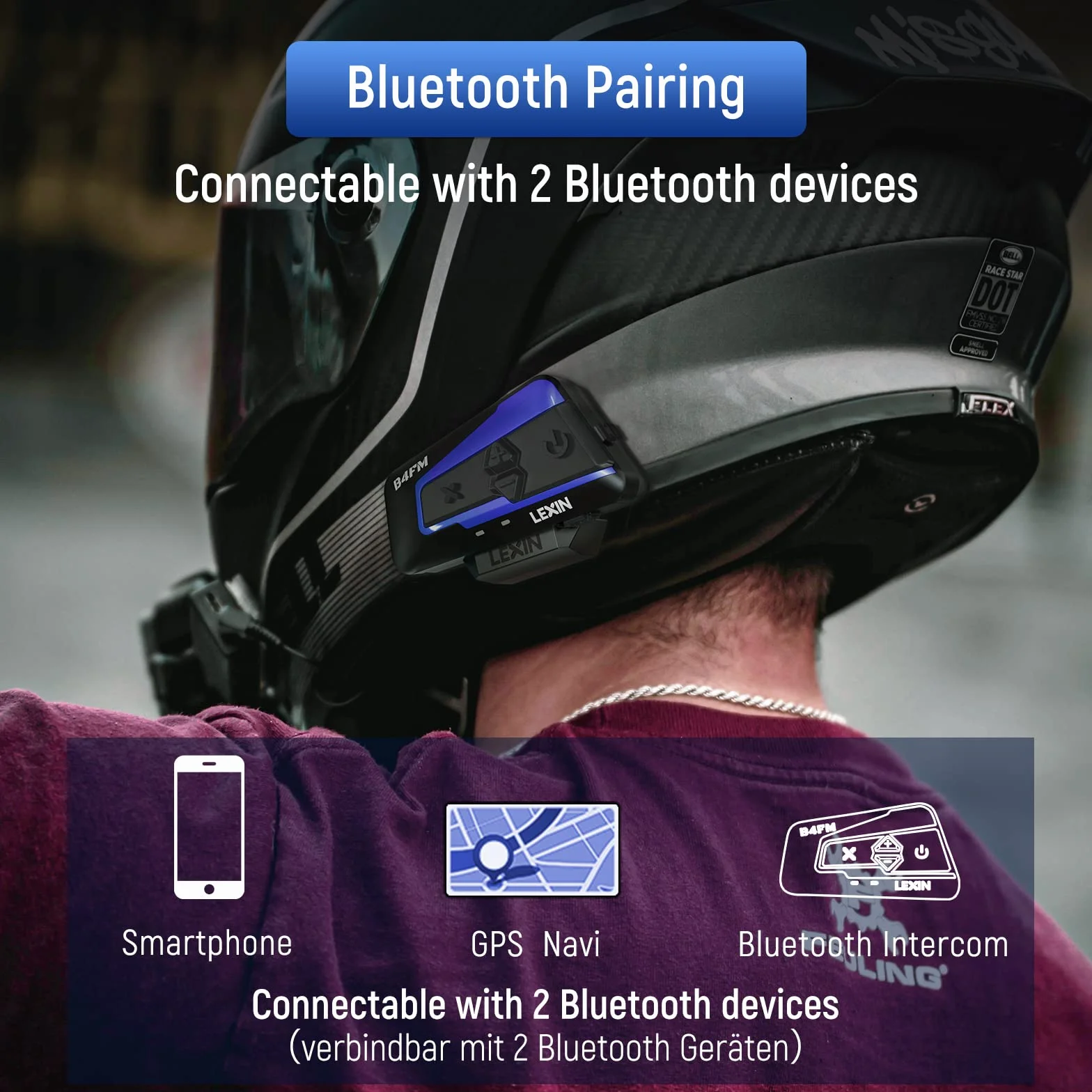 LEXIN B4FM Interfono Moto Casco Bluetooth Auricolare Sistema Comunicazione Riduzione del Rumore Fino a 10 Motociclisti IP67