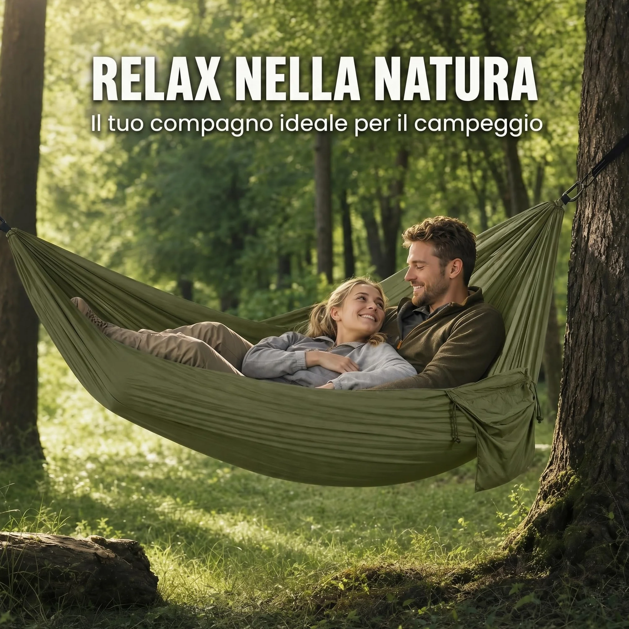 Amaca Doppia Ultraleggera Verde Militare 300 kg per Esterno Campeggio con Cinghie e Anelli a D